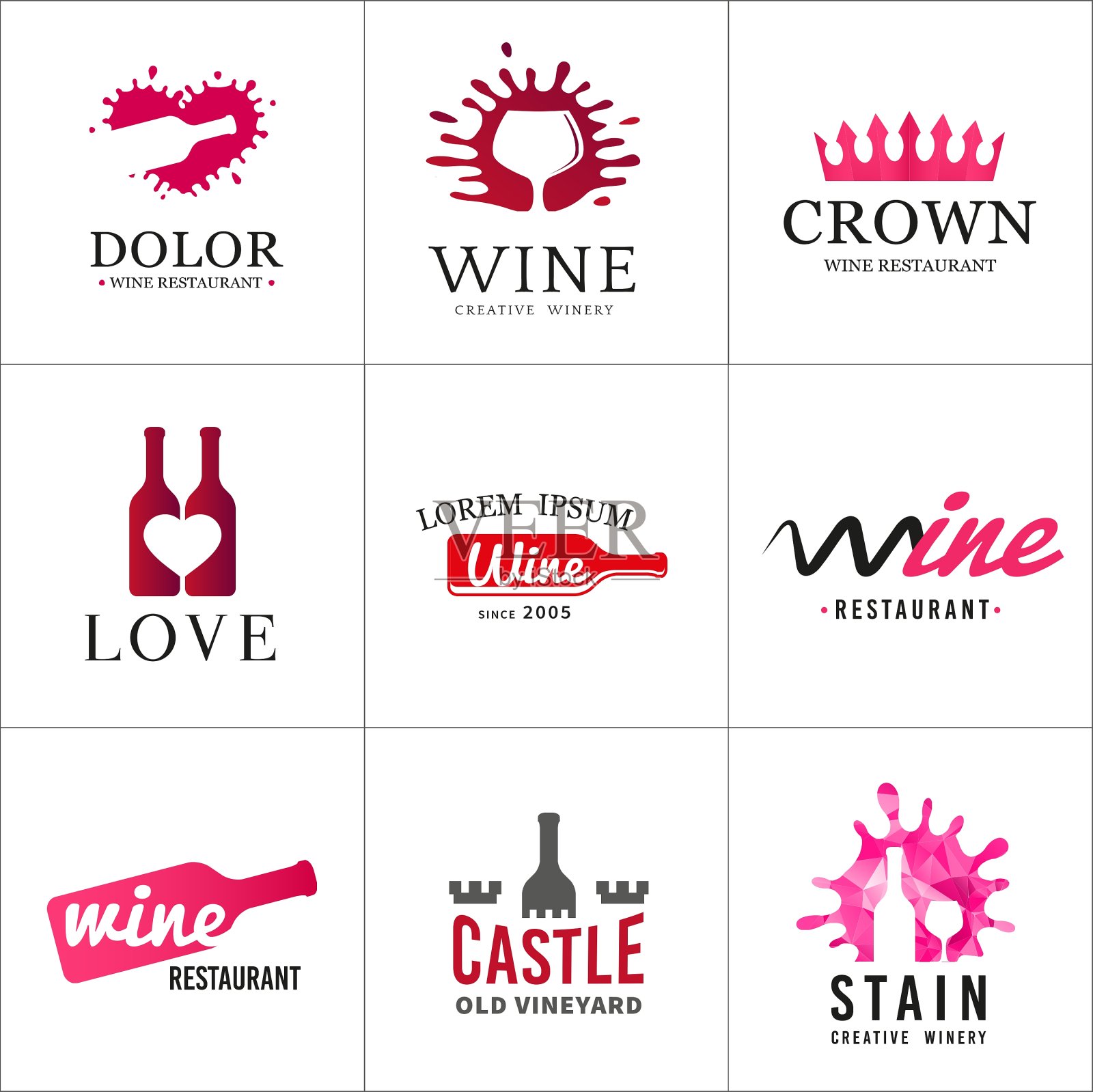 一套葡萄酒瓶玻璃标志原酿酒厂插画图片素材