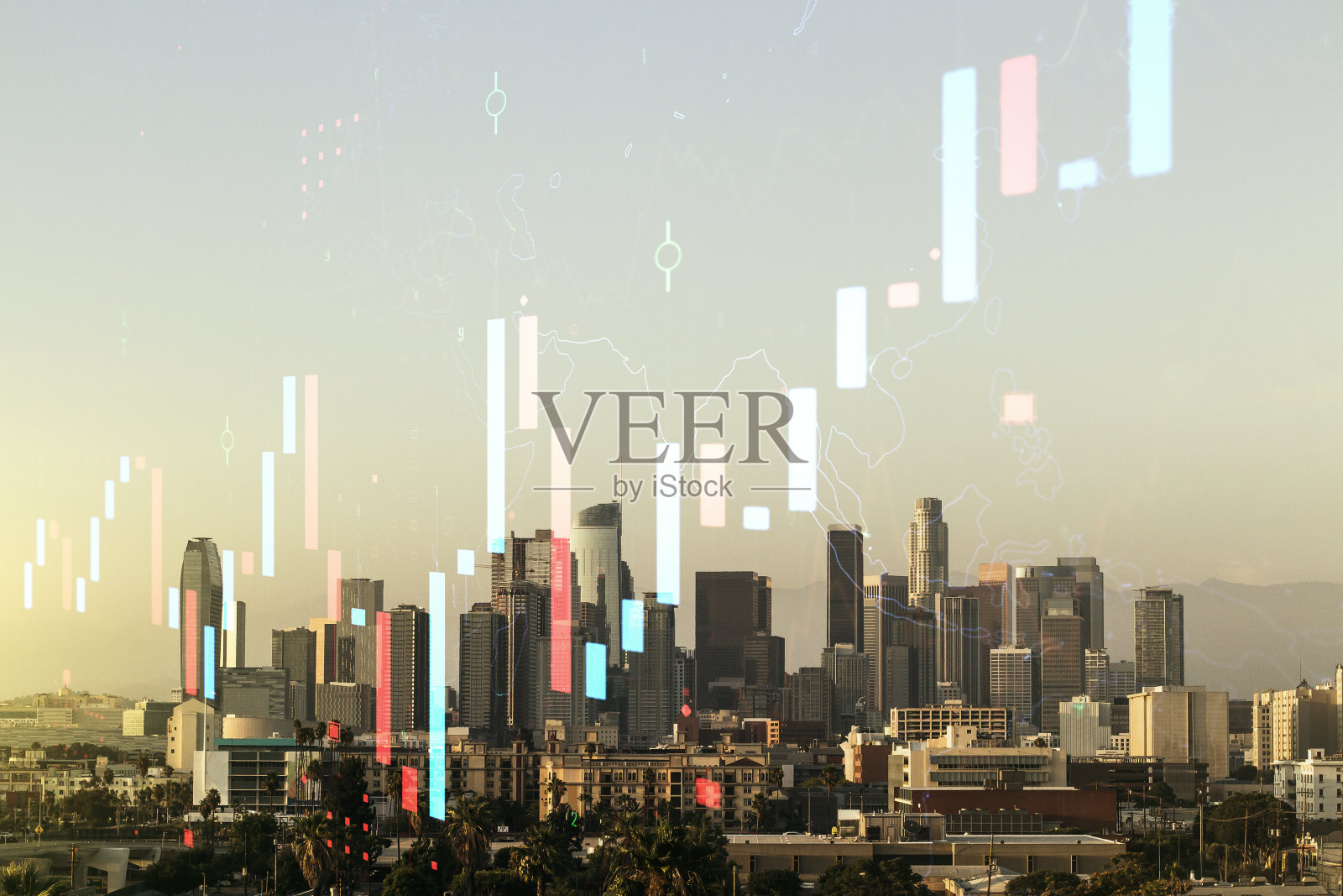 虚拟金融图形全息图以洛杉矶天际线为背景,介绍外汇和投资的概念。Multiexposure照片摄影图片