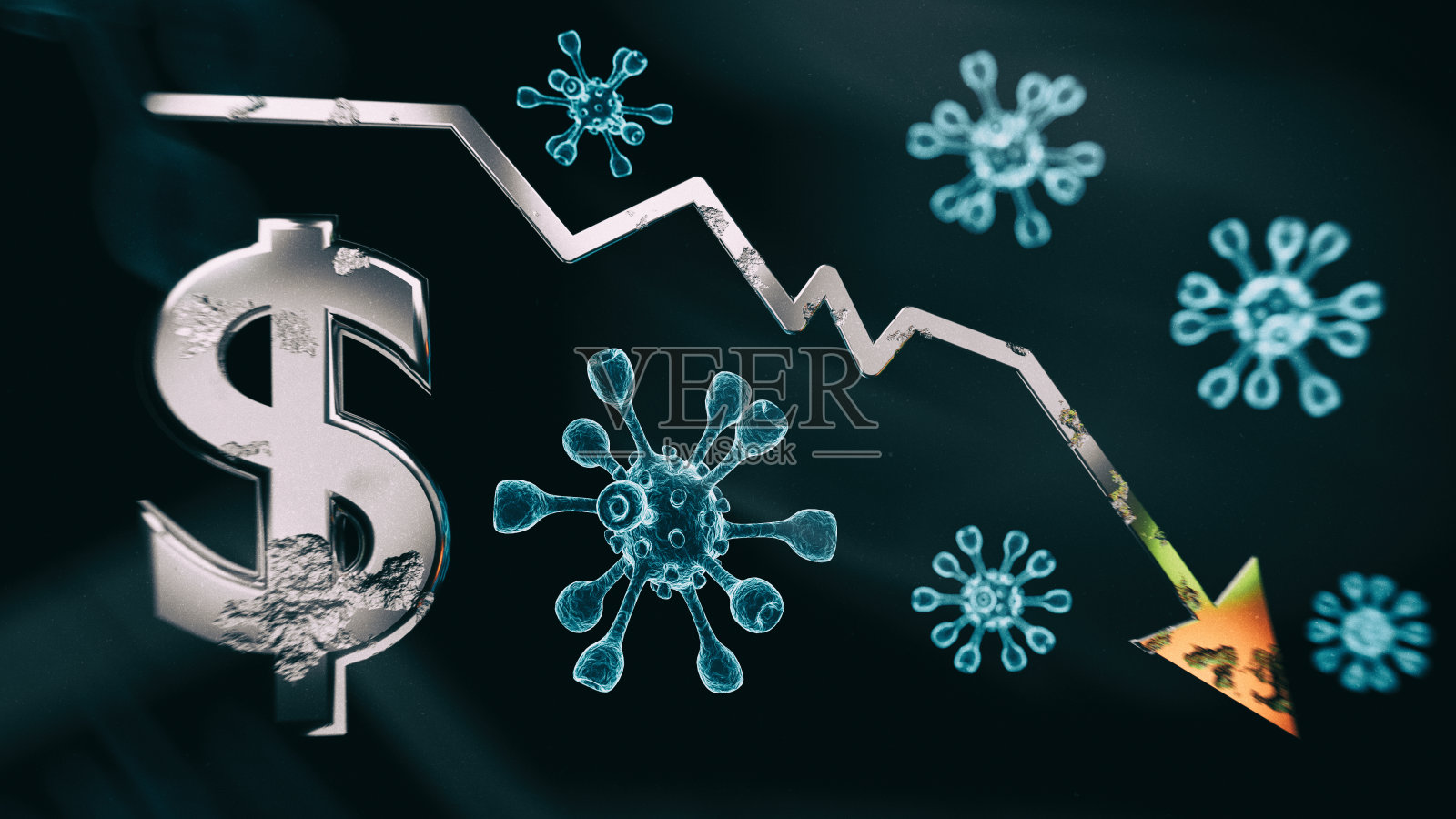 美元货币符号、冠状病毒的3d图像和金融市场崩溃图标的3d渲染黑色背景照片摄影图片