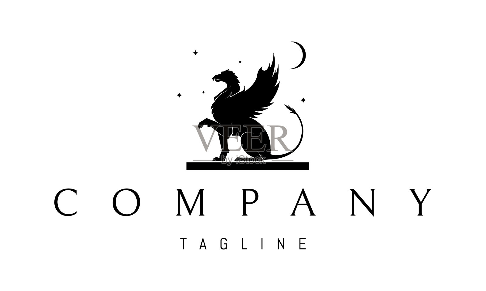 矢量图像上的一个狮鹫坐在一个盘下的月亮和星星的抽象图像。插画图片素材