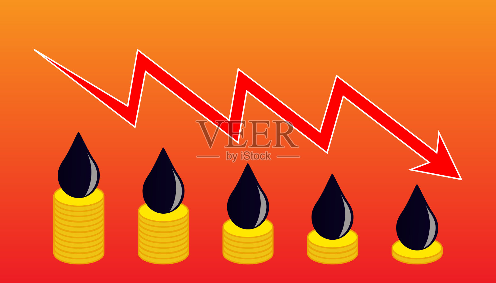 硬币上的原油滴,象征着交易所的价格下跌、危机和问题,是经济危机期间世界市场石油需求下降的图表插画图片素材