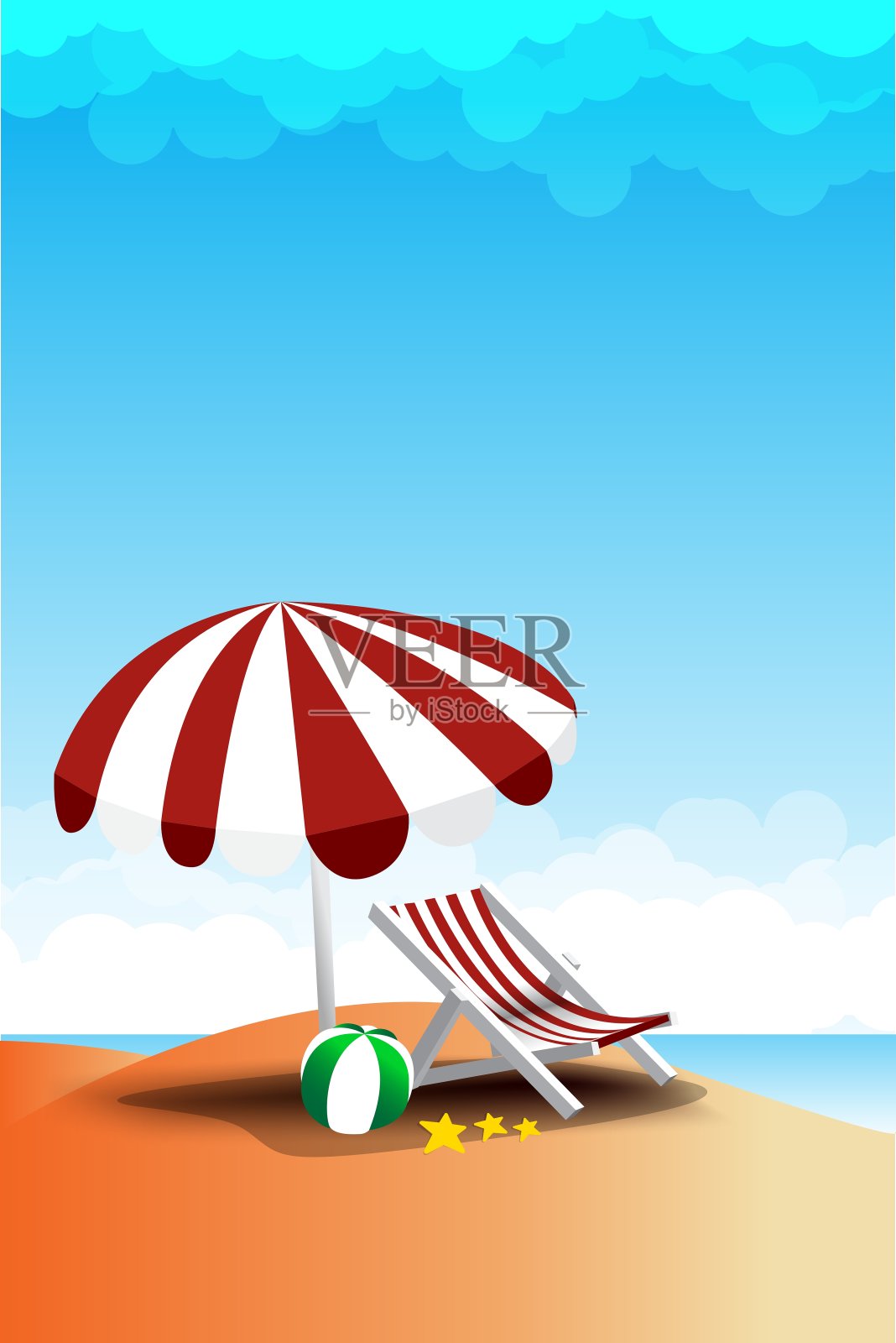 海滩景观,海洋,太阳,天空和云夏天插画图片素材