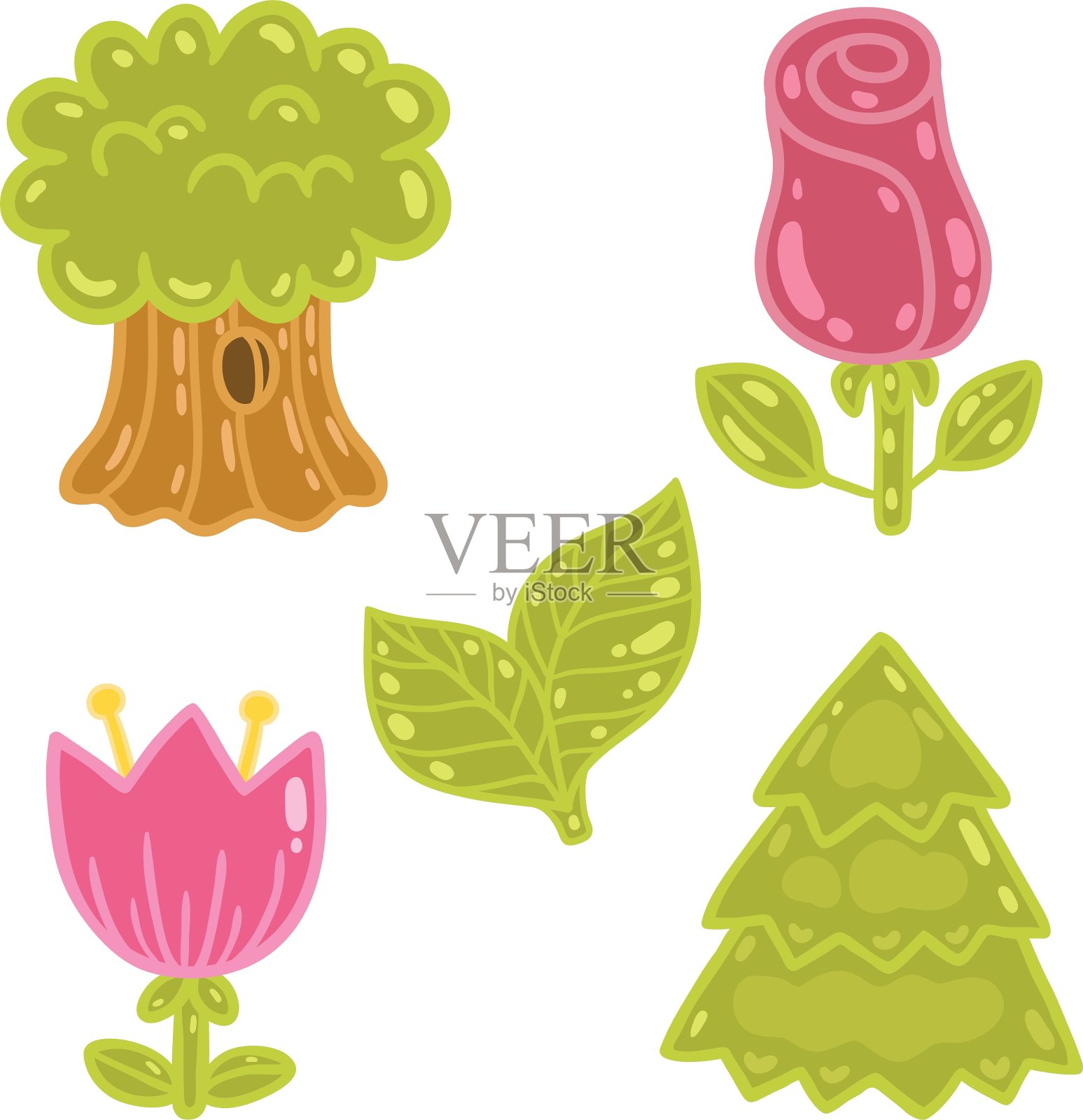 可爱的卡通玫瑰郁金香橡树组图标素材