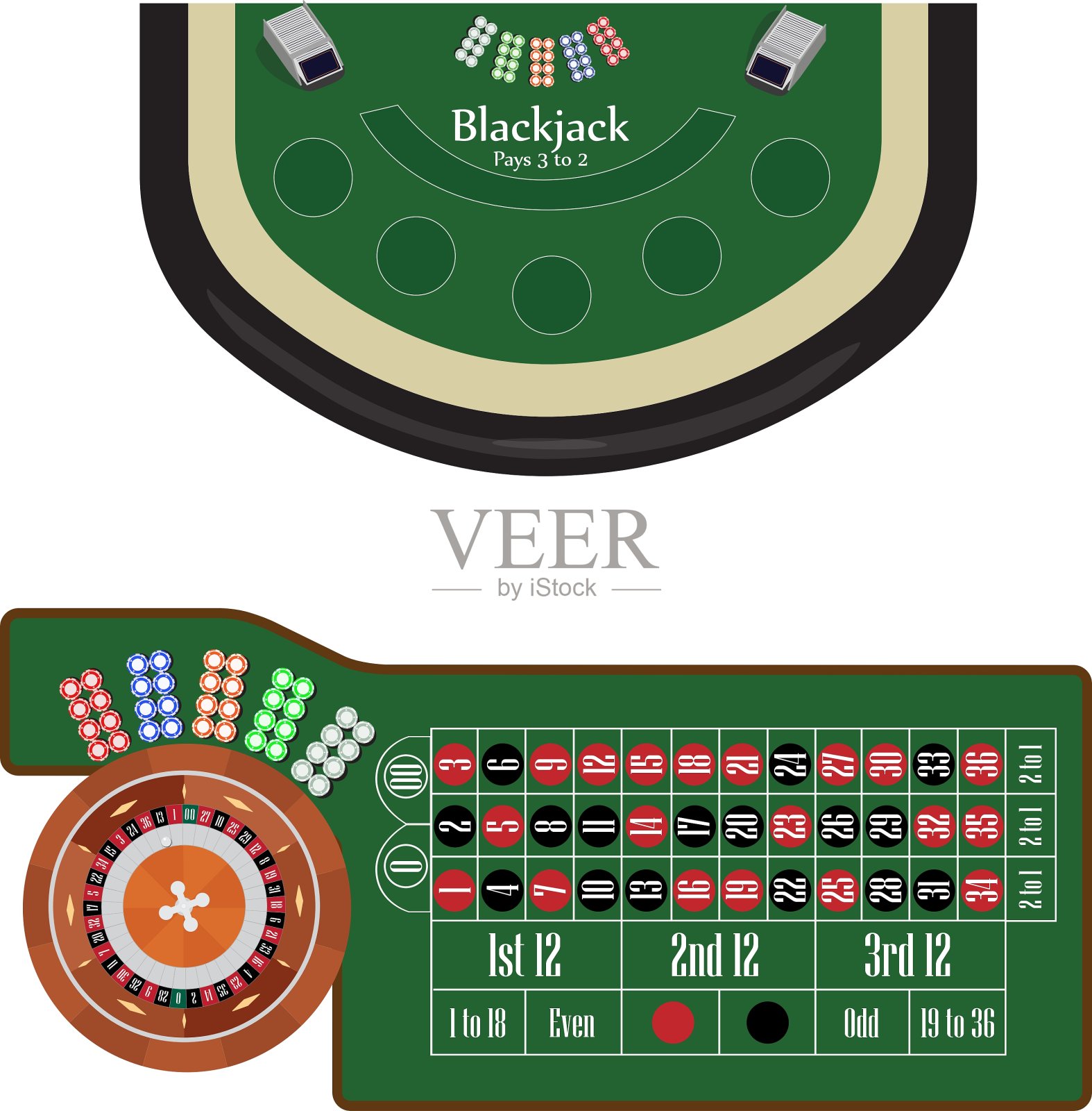 21点和轮盘赌桌插画图片素材