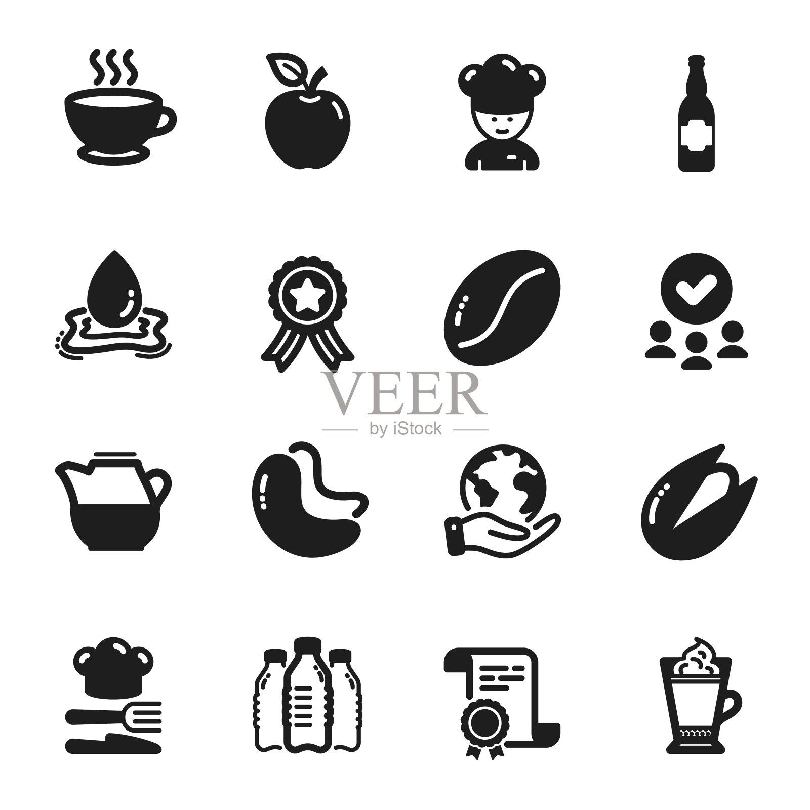 设置食物和饮料图标,如水飞溅,开心果,烹饪厨师。向量图标素材