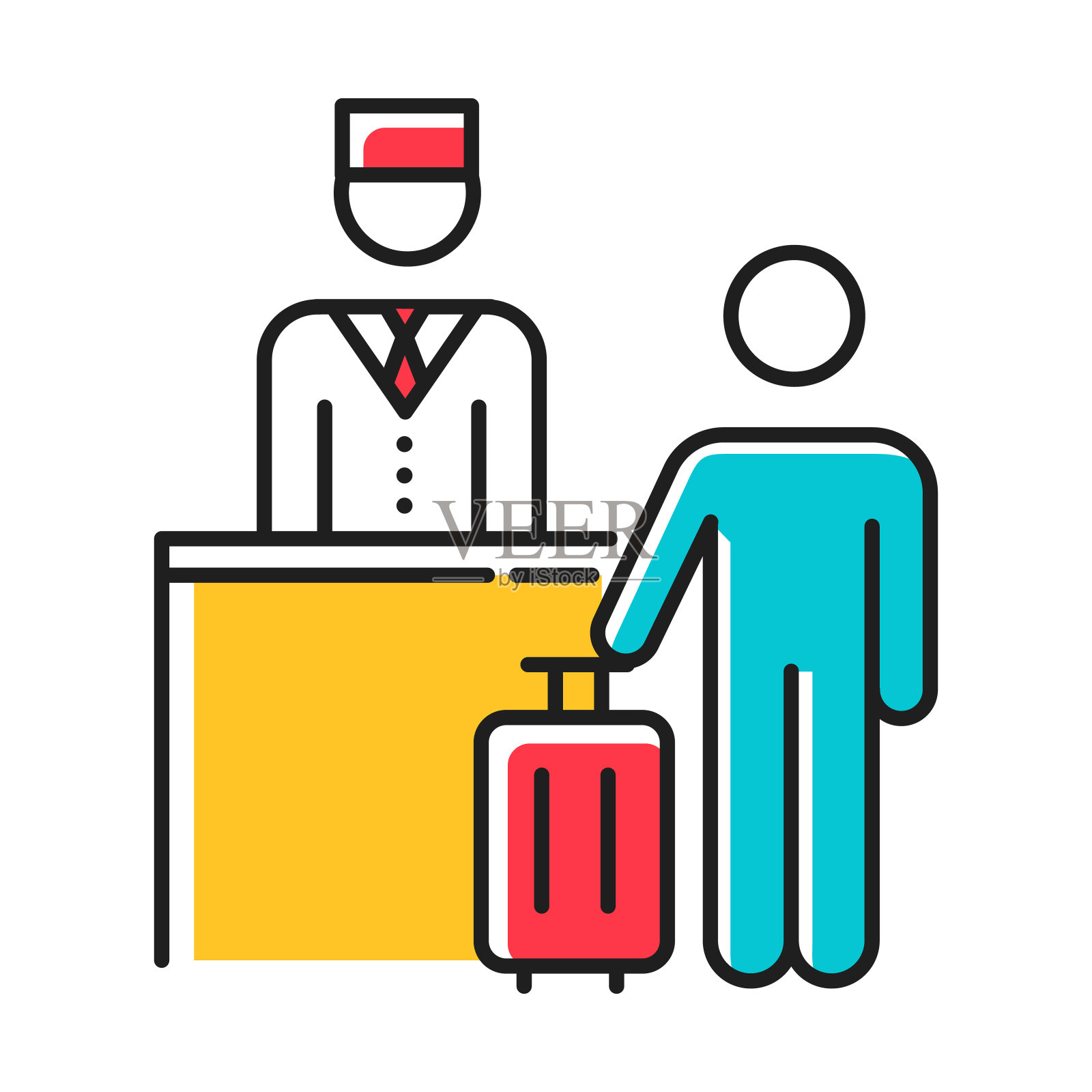 酒店行业的颜色图标。客户提供箱子。游客。前台和礼宾部。酒店管理服务。预订,付款的书桌上。旅游业务。孤立的矢量图插画图片素材