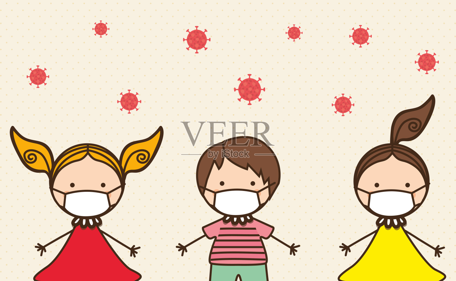 2019年新型冠状病毒感染的女童和男童口罩载体设计插画图片素材