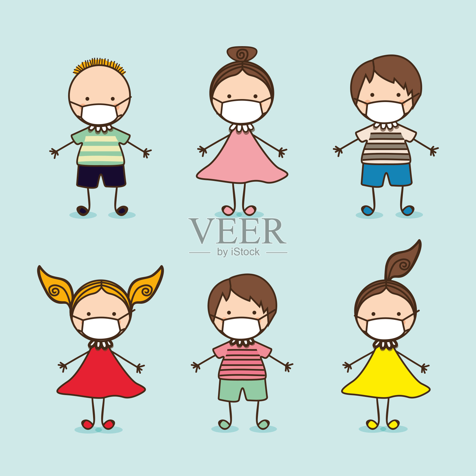 男孩和女孩儿童戴口罩抗击2019冠状病毒载体设计插画图片素材