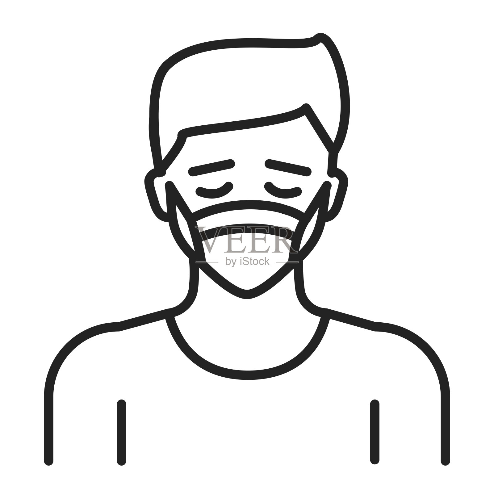 男人在呼吸医疗呼吸面罩黑线图标。过敏。流感病毒流行病预防象形文字用于网页、手机应用、促销。插画图片素材