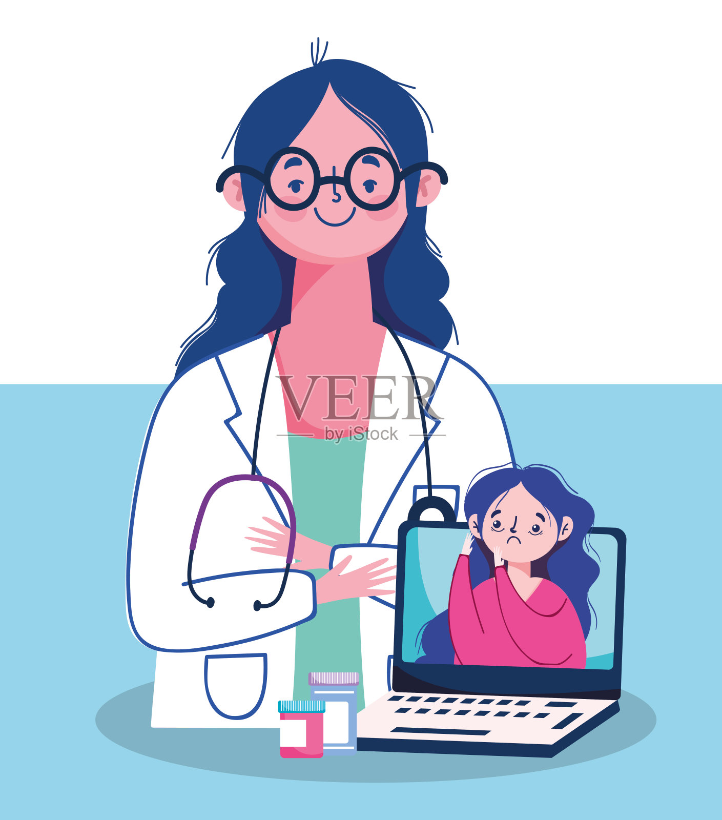 带笔记本电脑的女医生和病女孩矢量设计插画图片素材