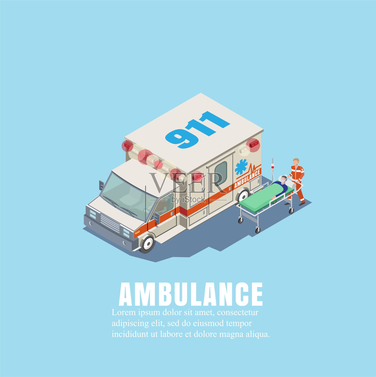 矢量插图。救护车上有一名医生和一名病人在等温的担架上。人的保险和保健的概念。第一次医疗救助。插画图片素材