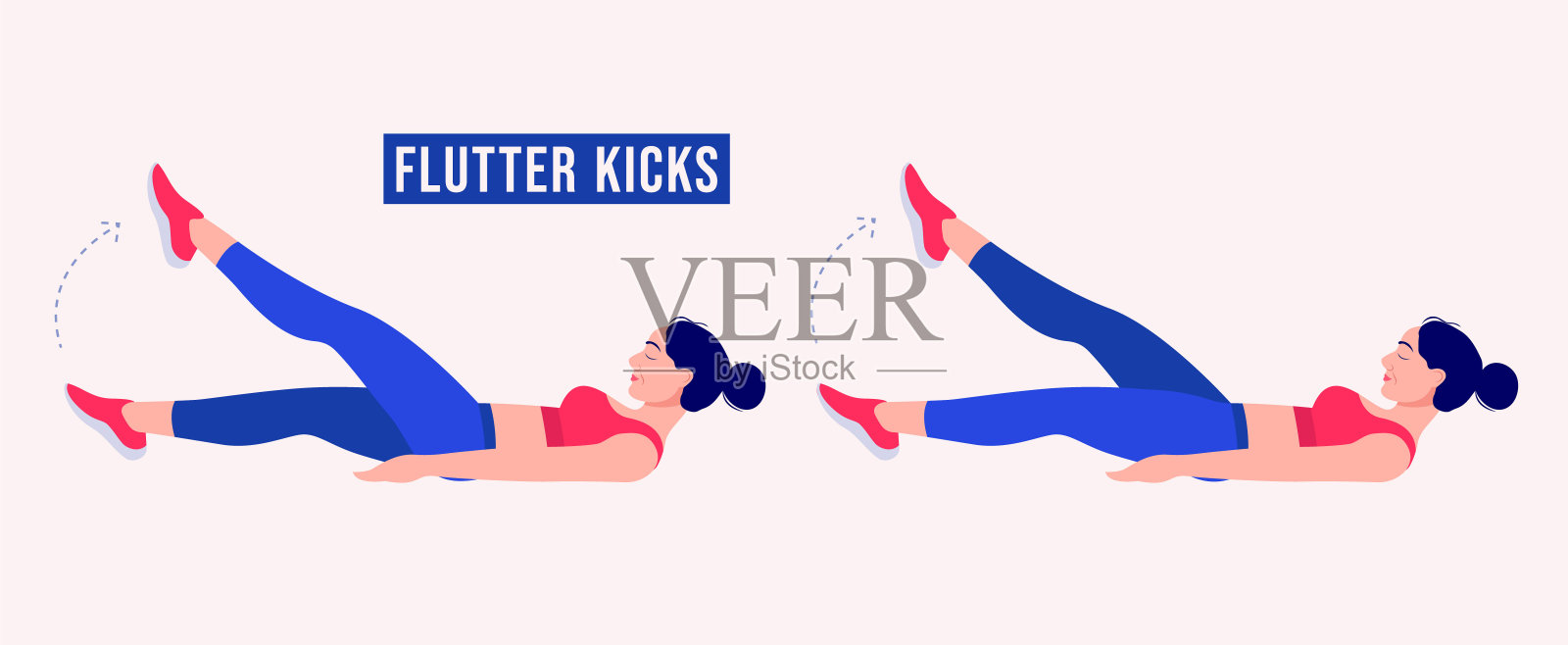 女孩做踢腿运动,女人健身,有氧运动。矢量插图。插画图片素材