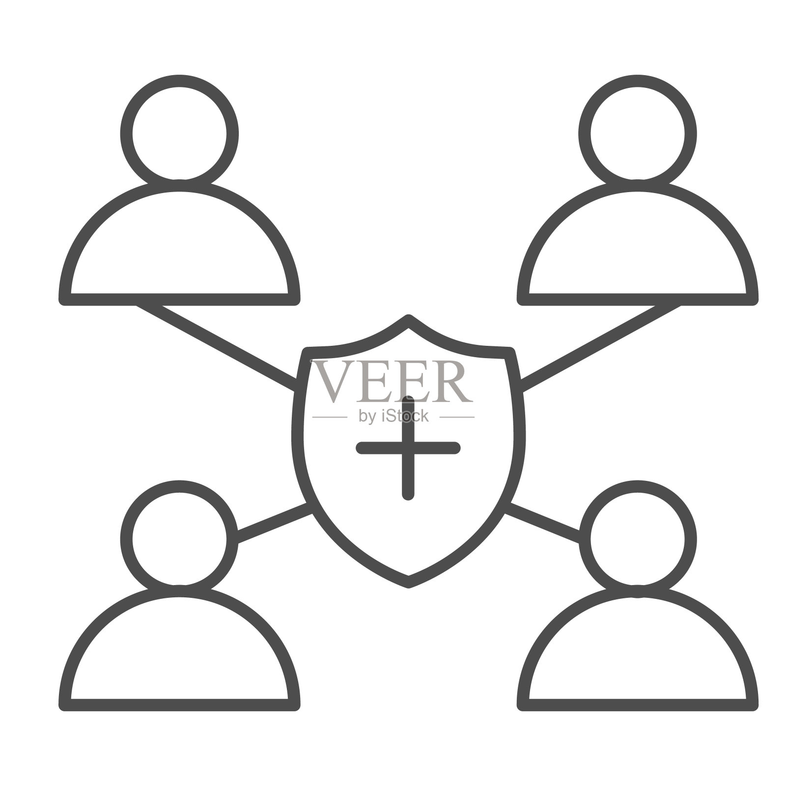 医疗队和盾细线图标。医生连接符号,轮廓风格象形文字在白色背景上。Covid-19全球大流行标志的移动概念和网页设计。矢量图形。图标素材