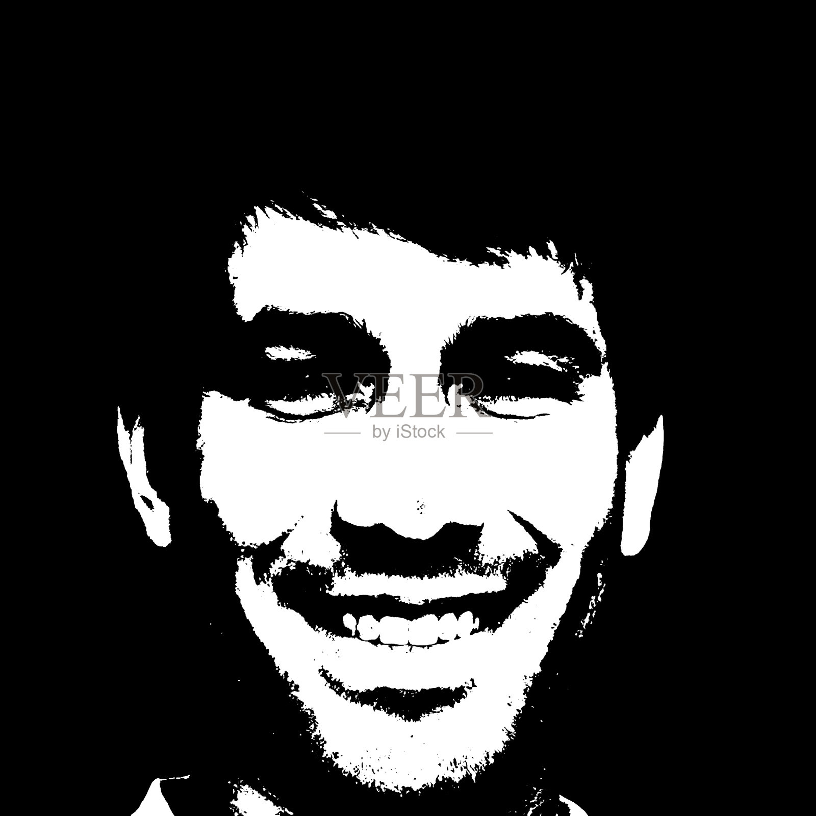 一个男人的脸。黑白模板。涂鸦模板的脸。一位皮肤白皙的中年男子微笑着。照片摄影图片