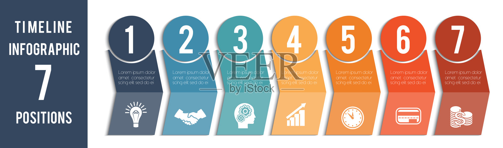 信息图表的模板。时间轴的彩色箭头和编号的圆圈。设计为7个位置,可用于工作流程,横幅,图表,网页设计,区域图插画图片素材