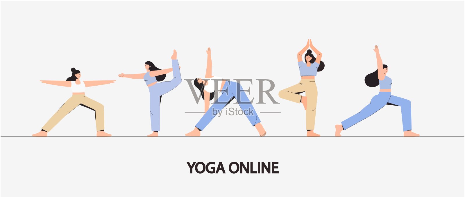 概念运动在家和健身,健康的生活方式。年轻女子在不同的瑜伽姿势孤立在白色背景。平面风格矢量插图。插画图片素材