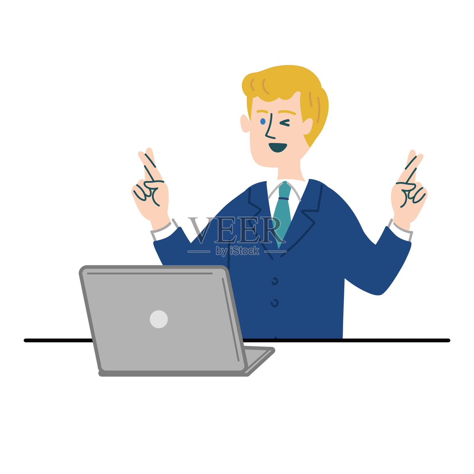 适合西方商人手提电脑手势交叉手指插画图片素材