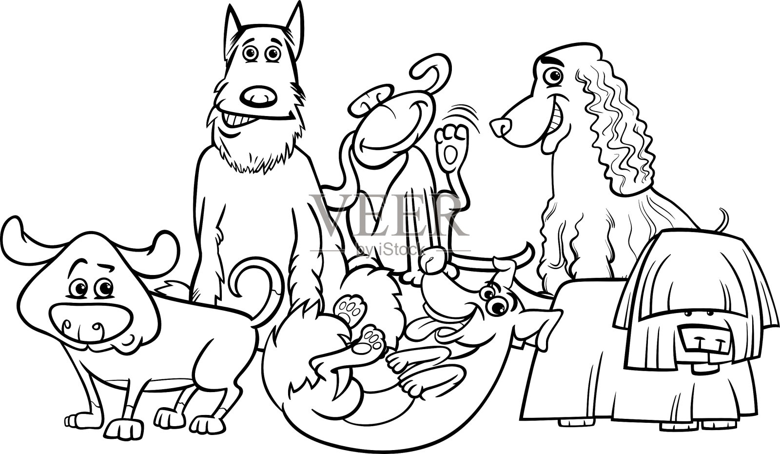 卡通狗群着色页设计元素图片