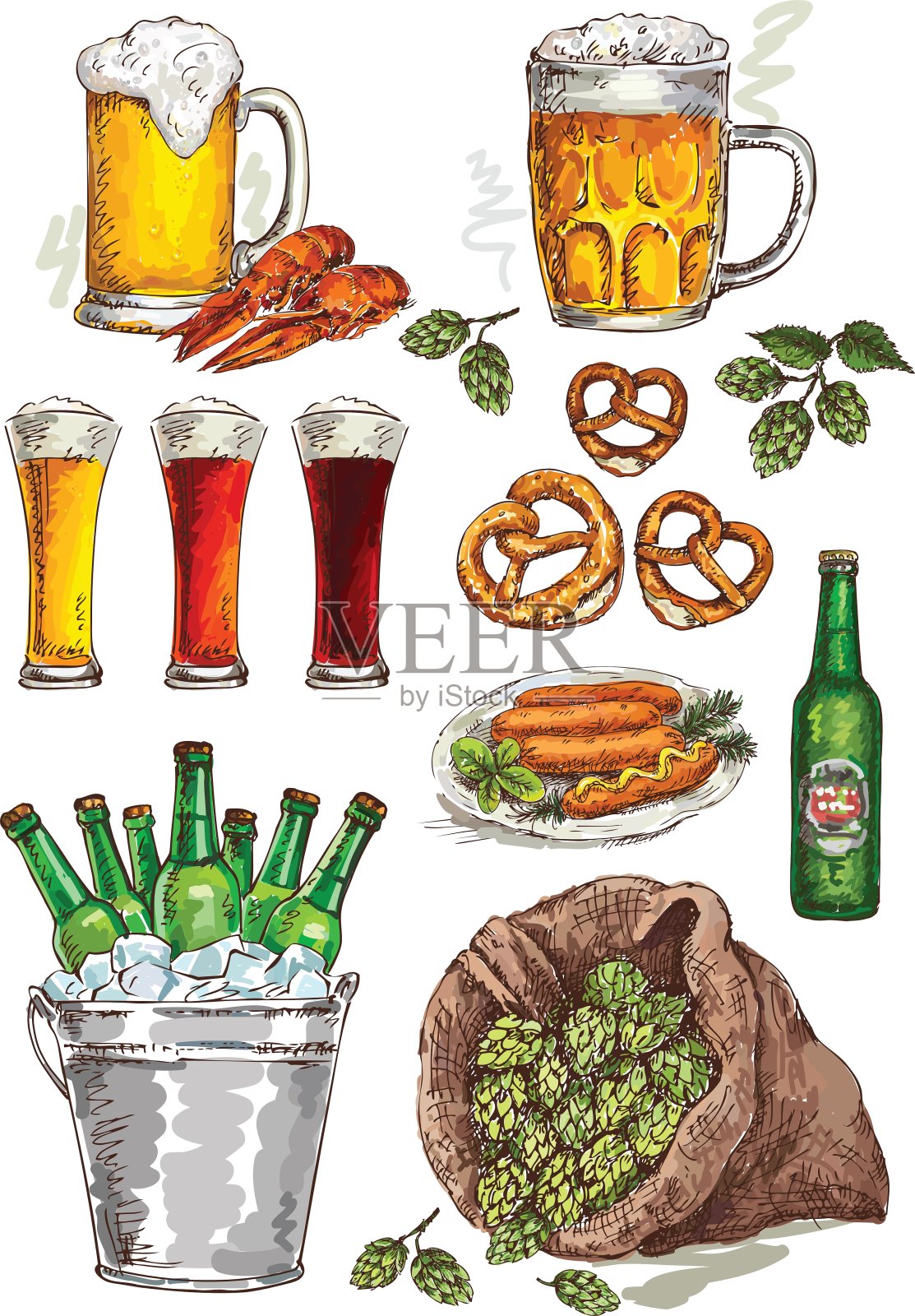 手绘啤酒套装图标素材