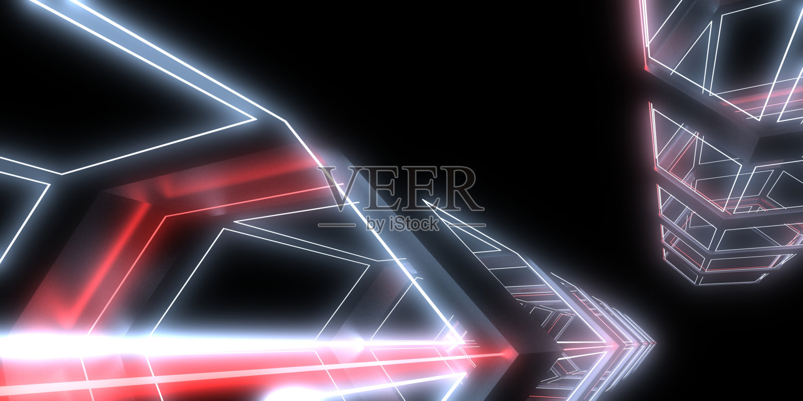 3D抽象背景与霓虹灯。霓虹隧道。空间建设。三维演示照片摄影图片