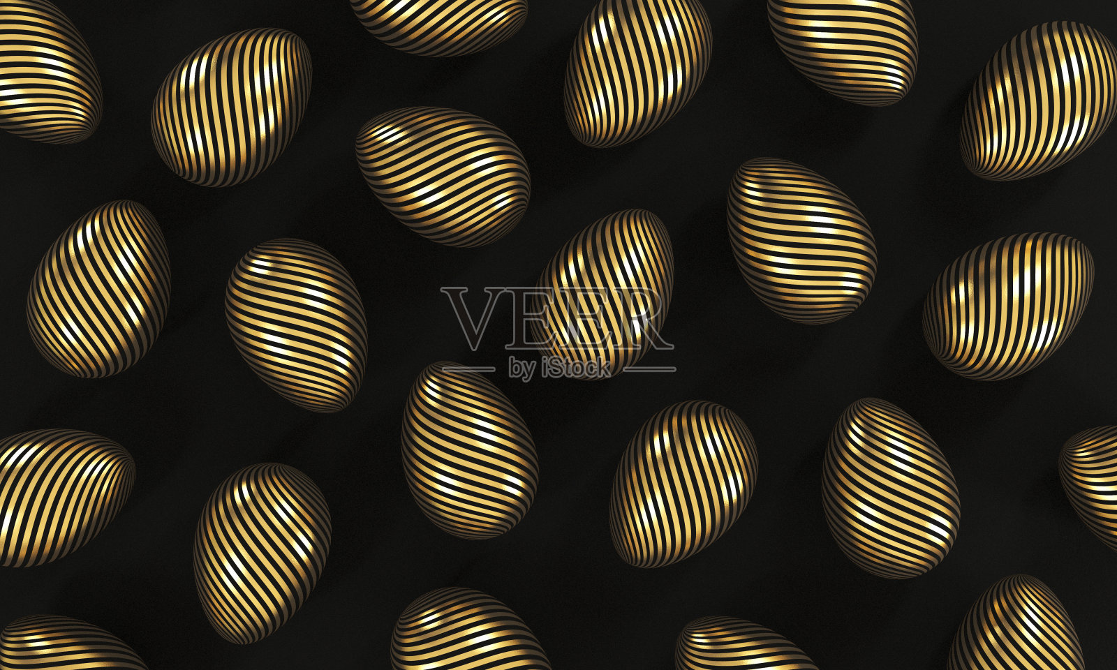 金色复活节彩蛋与图案在黑色的背景。三维渲染照片摄影图片