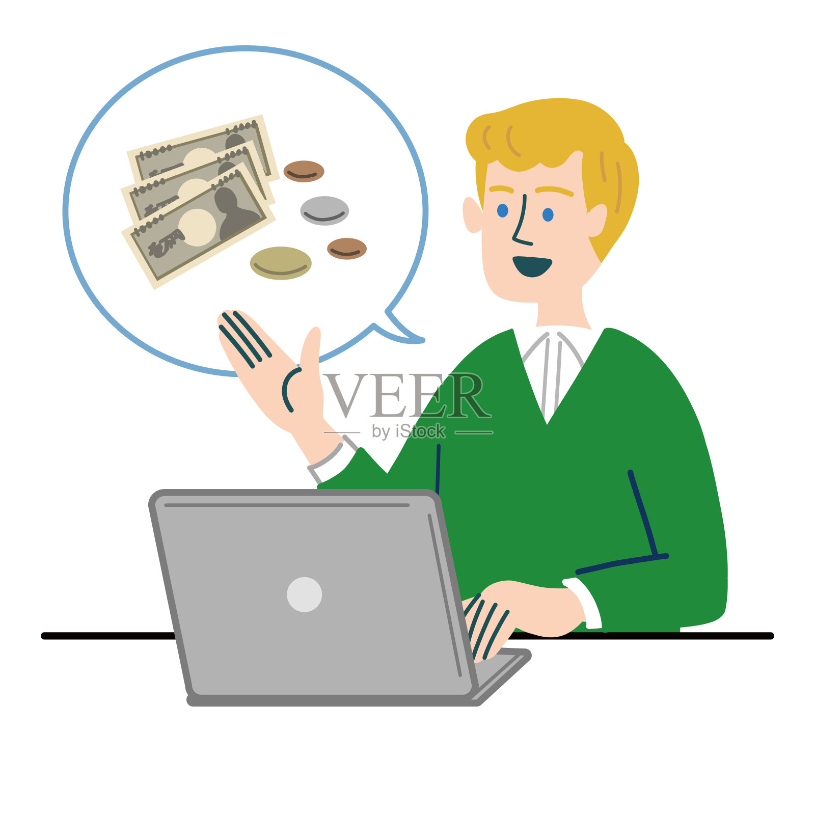 西方人用笔记本电脑表示金钱插画图片素材