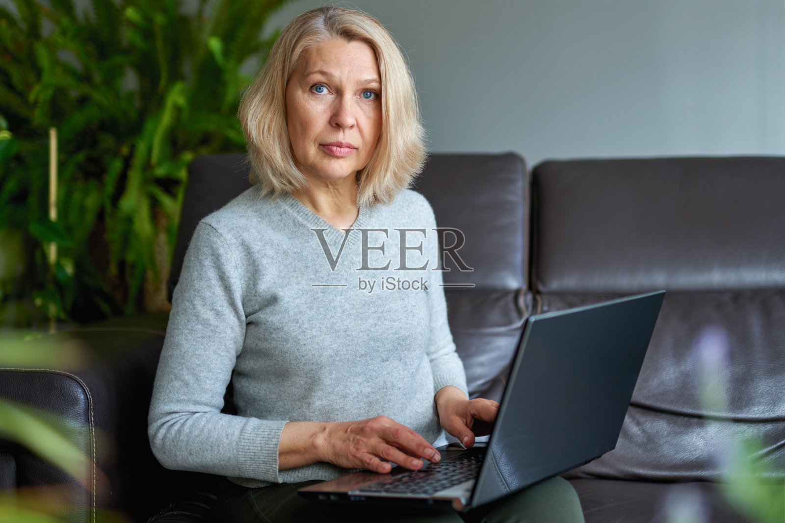 坐在家里沙发上工作的成熟女性照片摄影图片