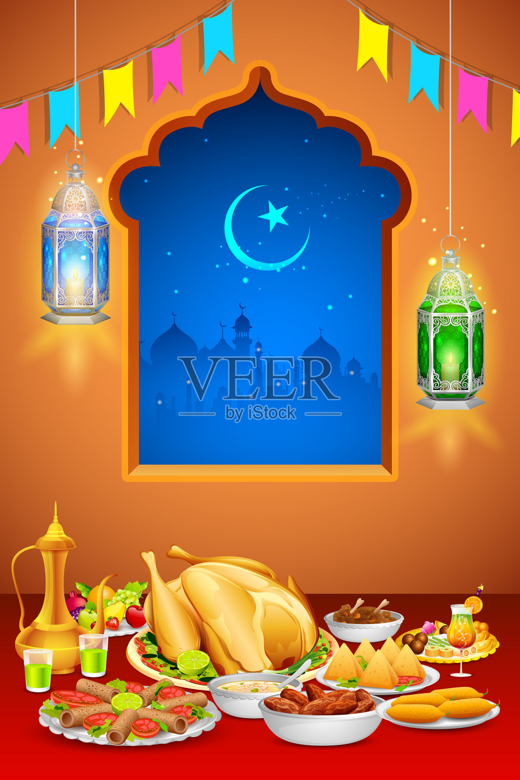 为开斋宴会准备的美味菜肴插画图片素材