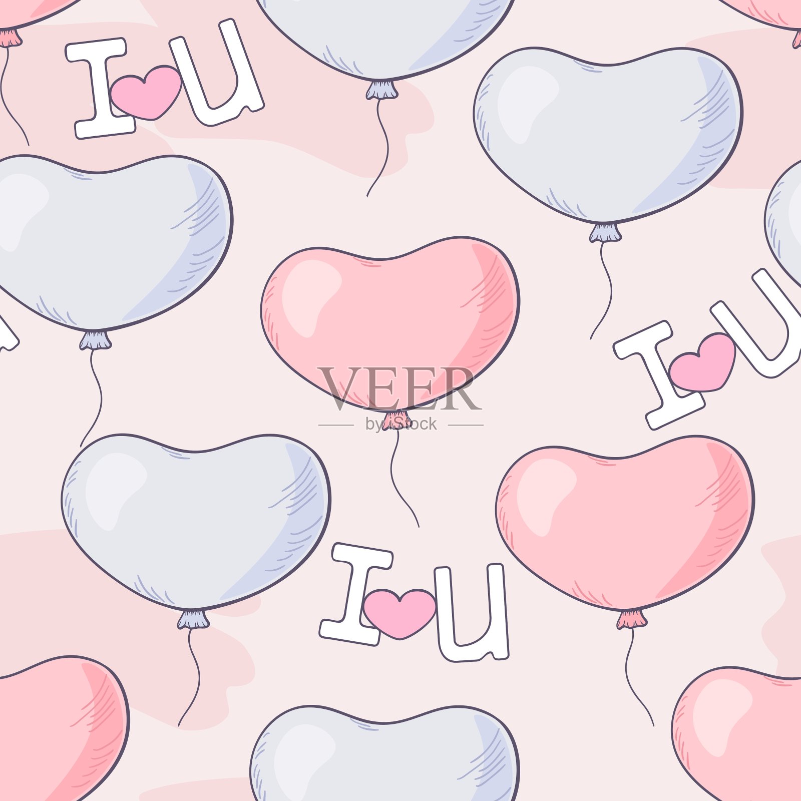 手绘无缝图案与心形气球插画图片素材