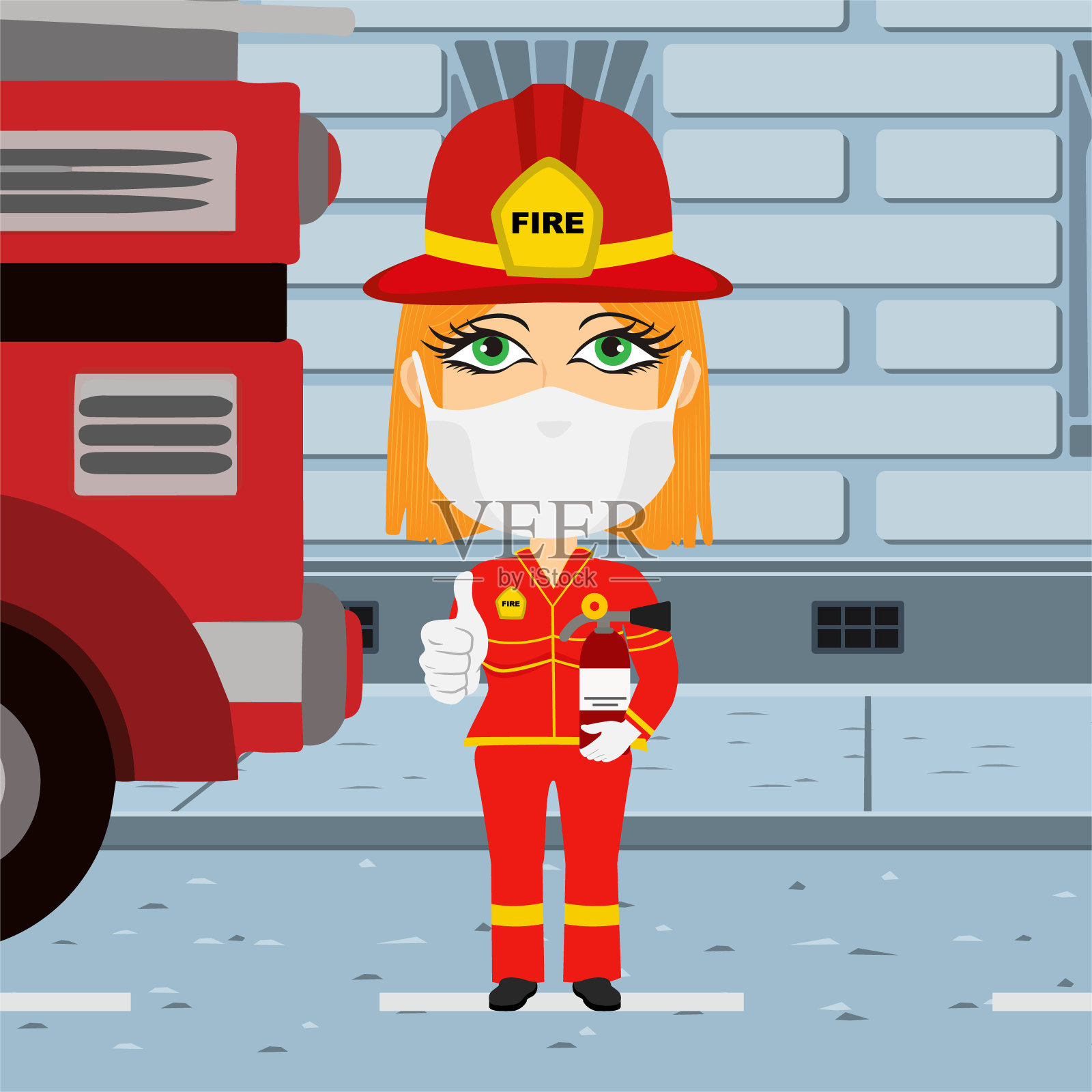 白人女消防员戴着面具和白手套红色和黄色的衣服拿着灭火器在街道旁边的消防卡车插画图片素材