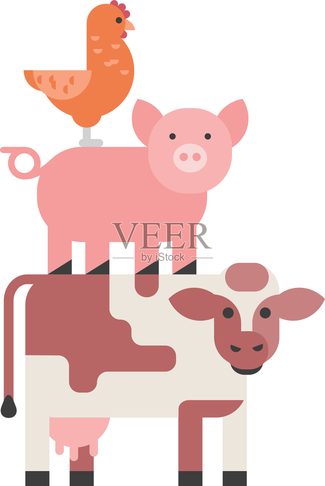 农场动物设定母鸡、猪和奶牛的家庭卡通设计元素图片