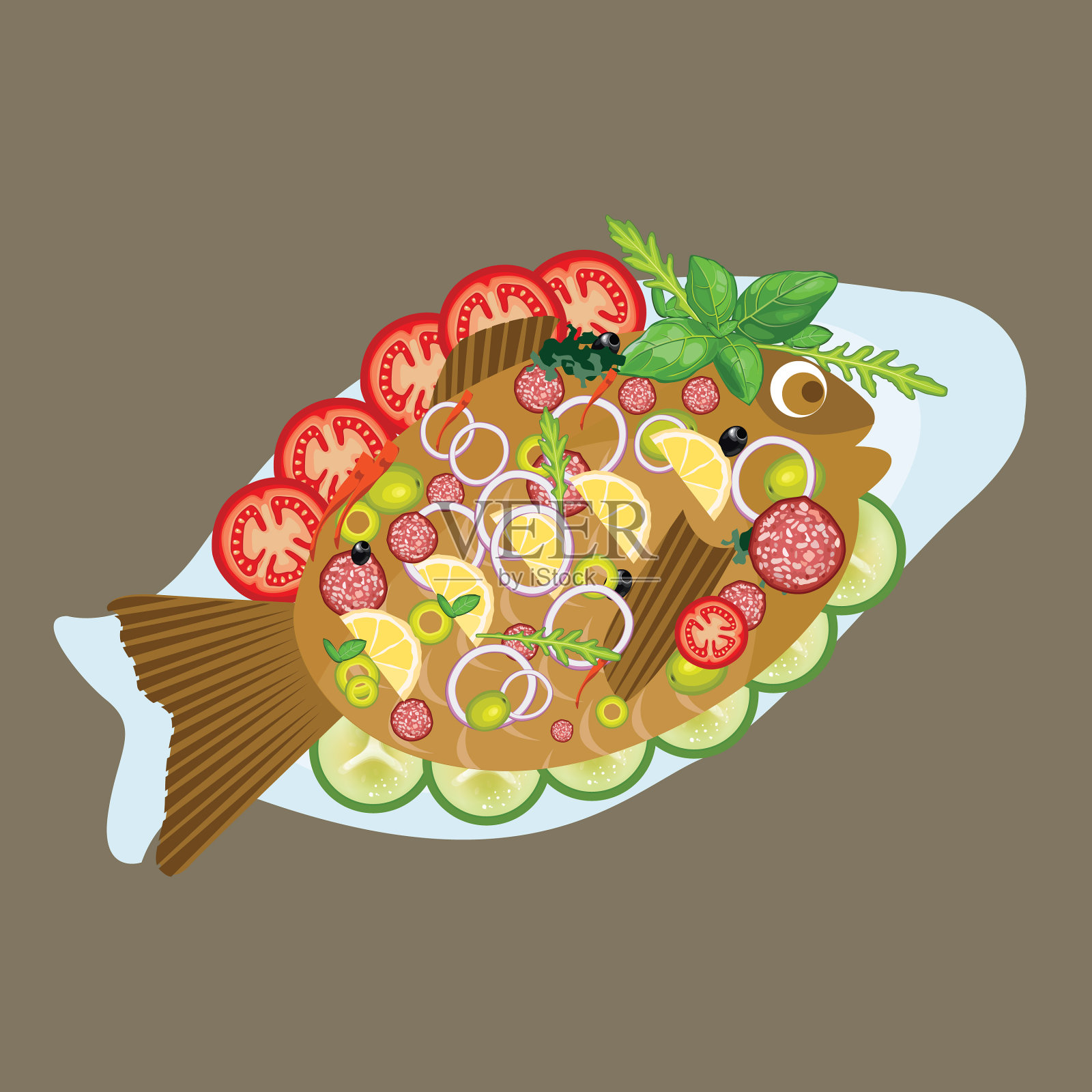 烤鱼在一盘海鲜晚餐午餐菜单插画图片素材