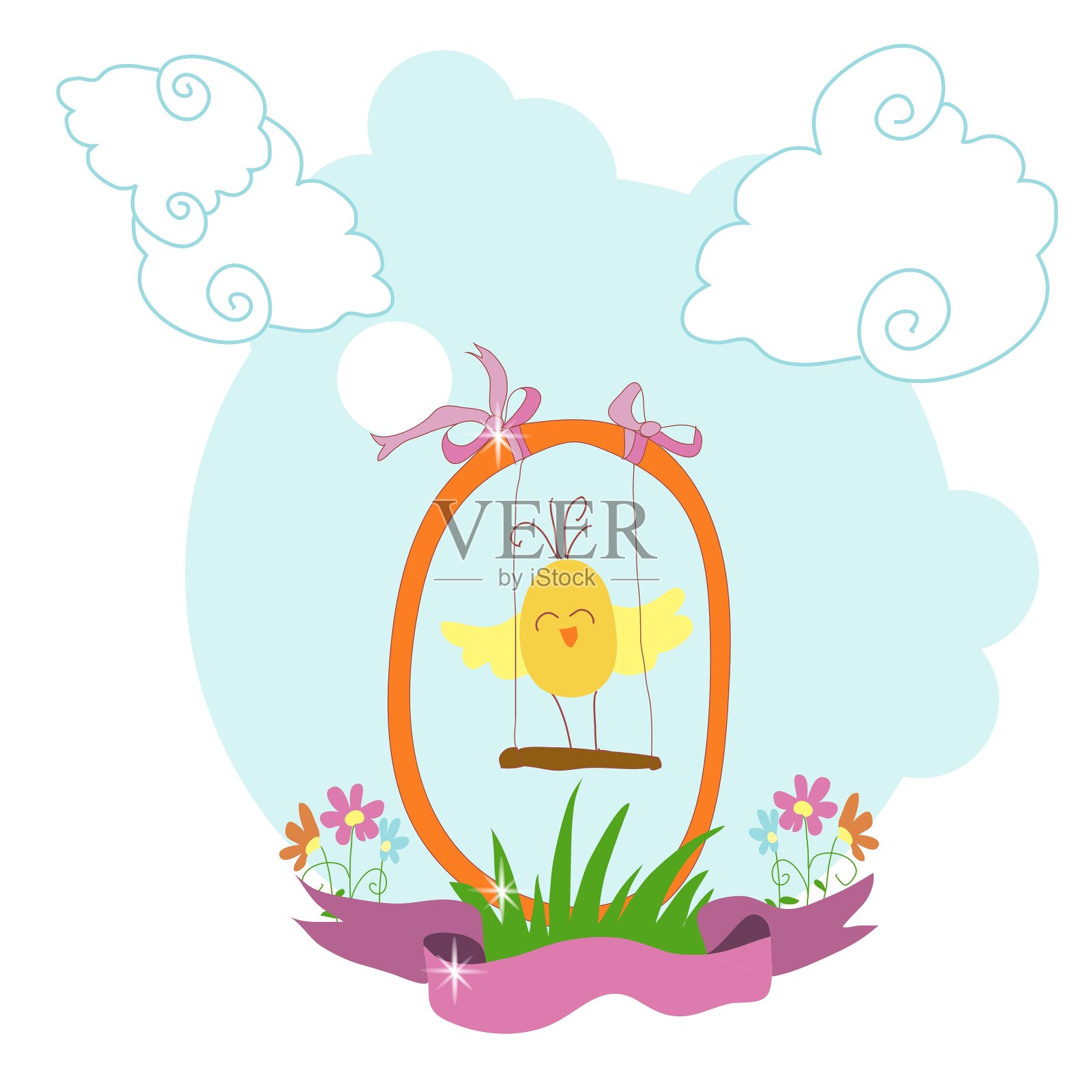 明信片和一只小鸡在秋千上设计元素图片