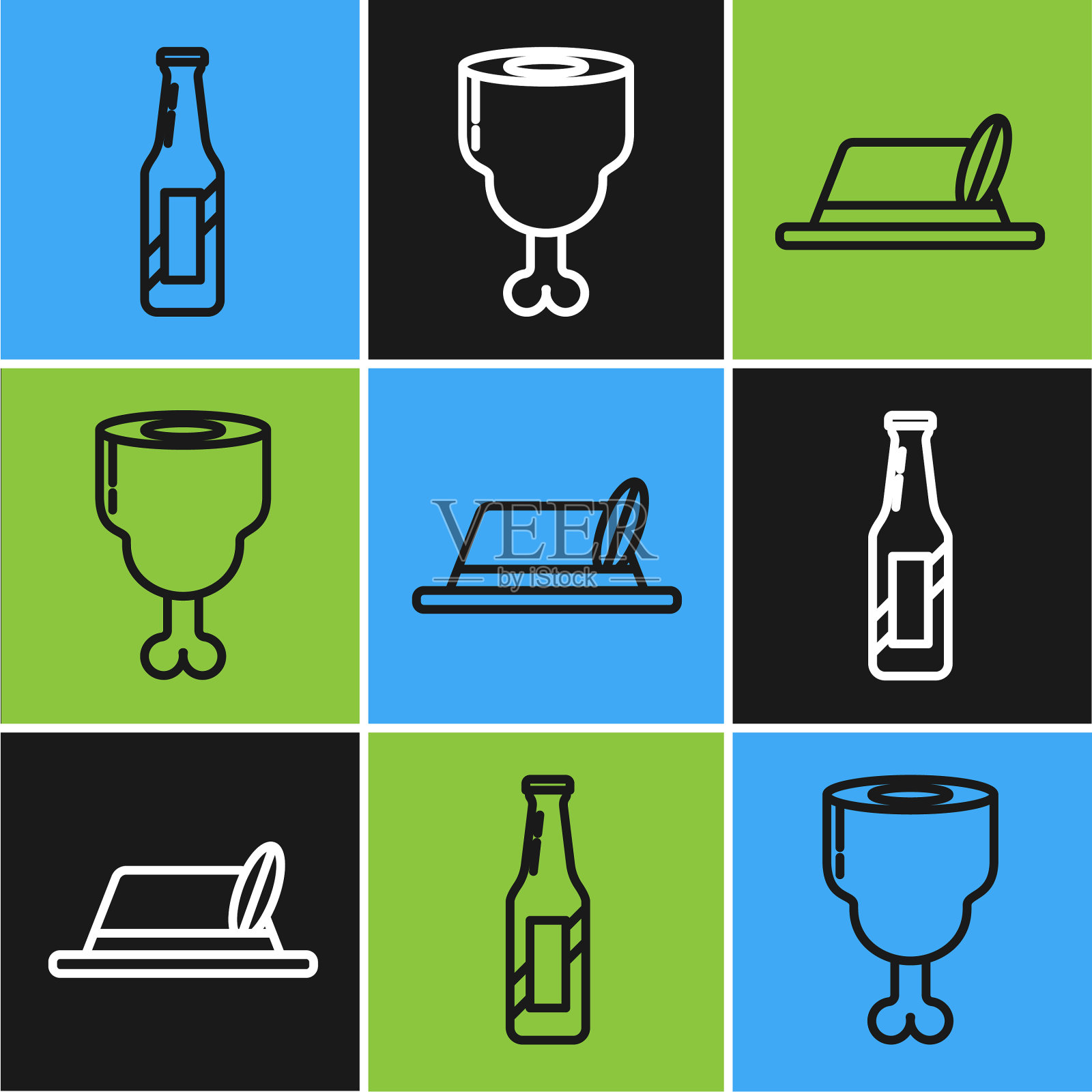 设行啤酒瓶啤酒节帽子和鸡图标素材