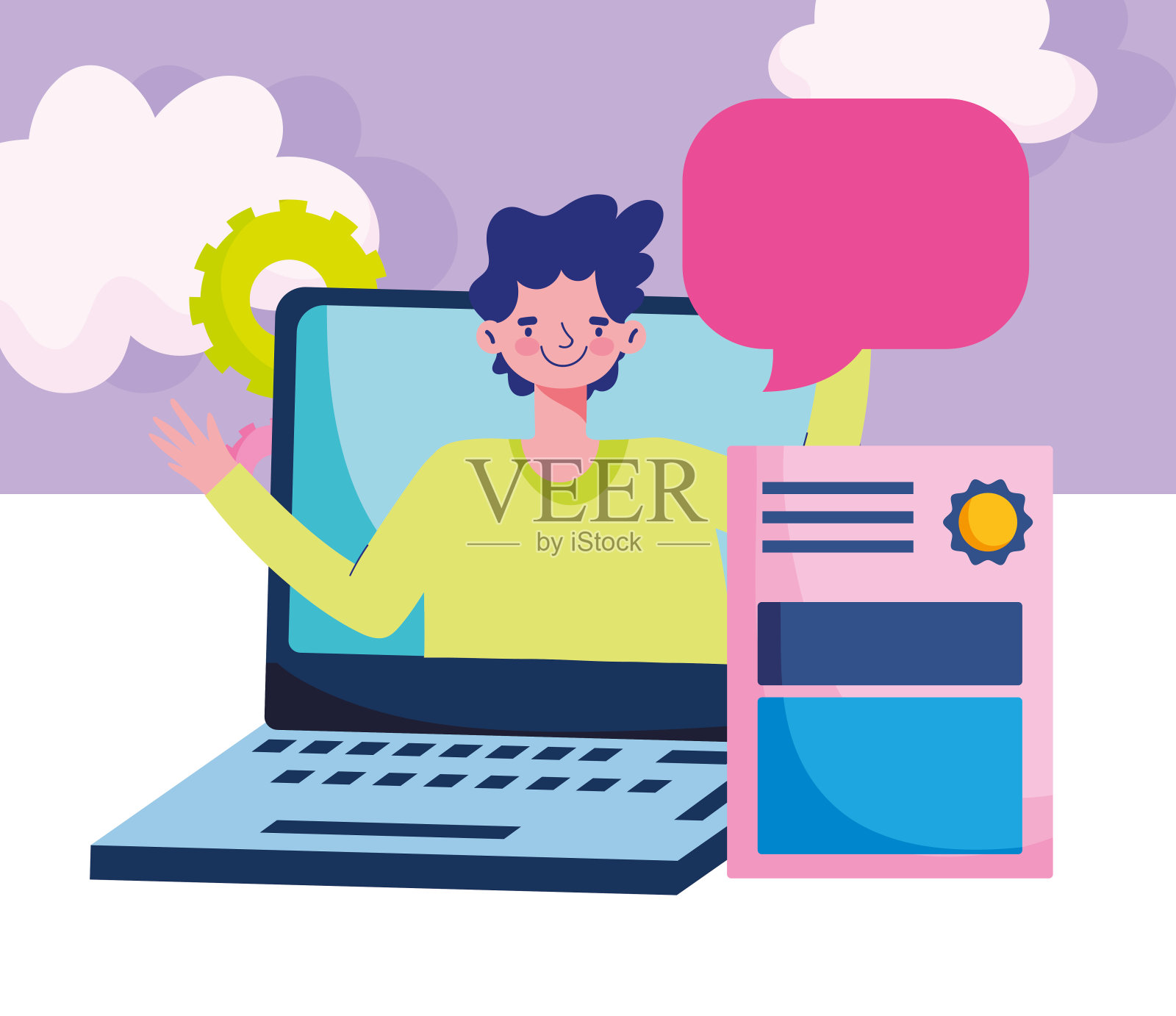 教育在线,笔记本电脑毕业演讲泡插画图片素材