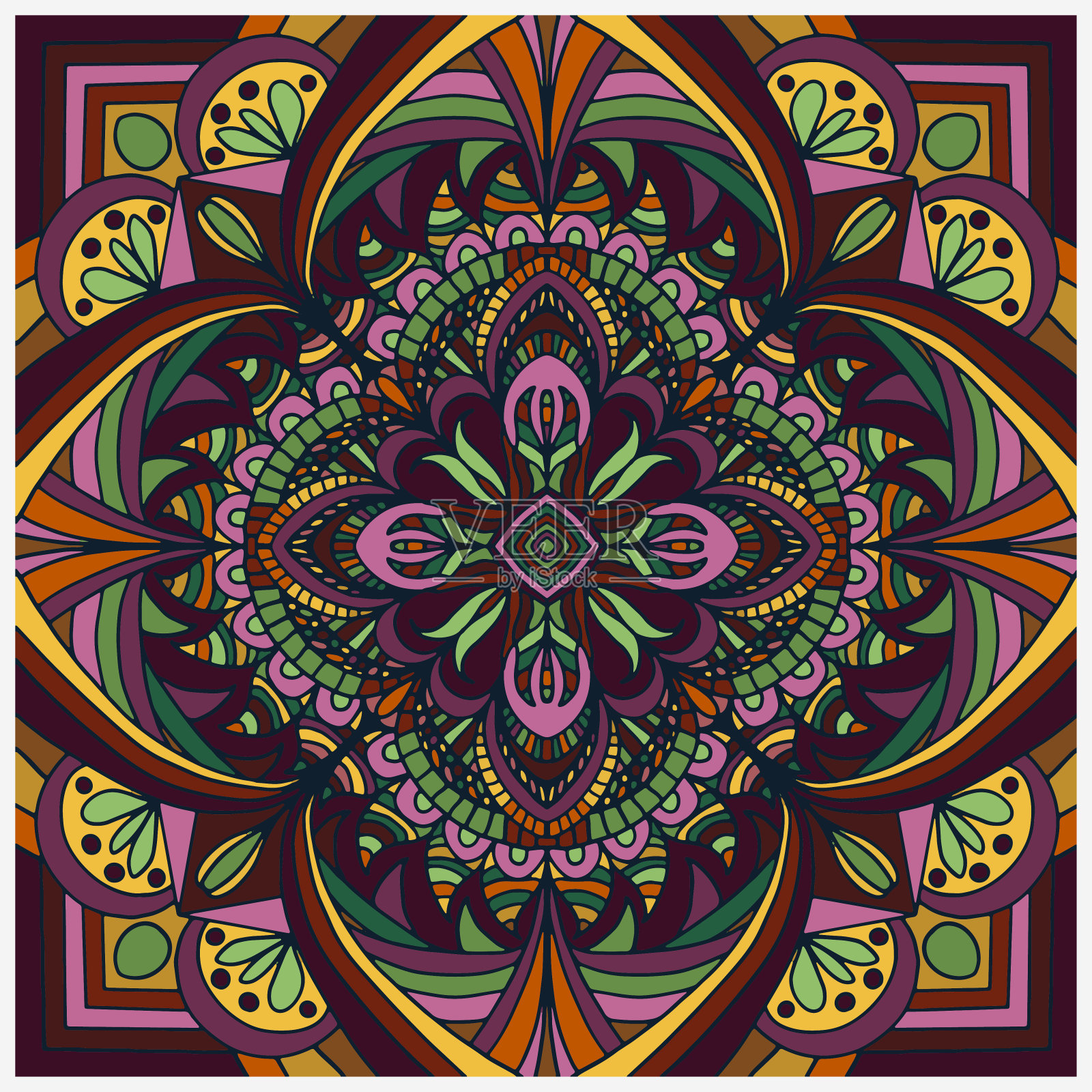 马赛克与民族饰品深棕色和黄色的颜色,曼荼罗,向量插画图片素材