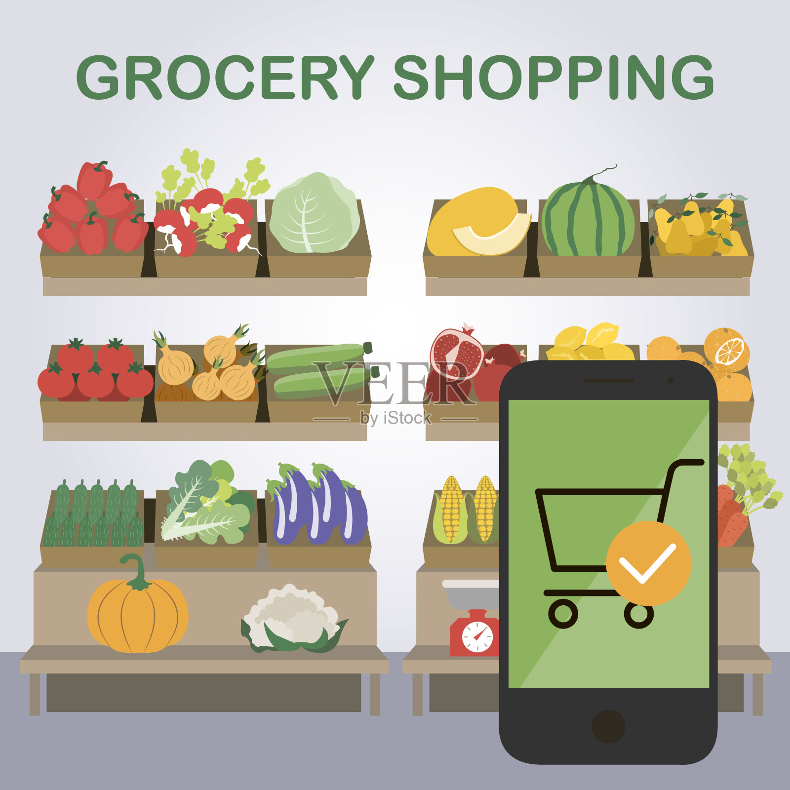 在杂货店网上购物。通过手机app订餐,将水果和蔬菜送货上门。为全家提供环保产品,天然食品插画图片素材