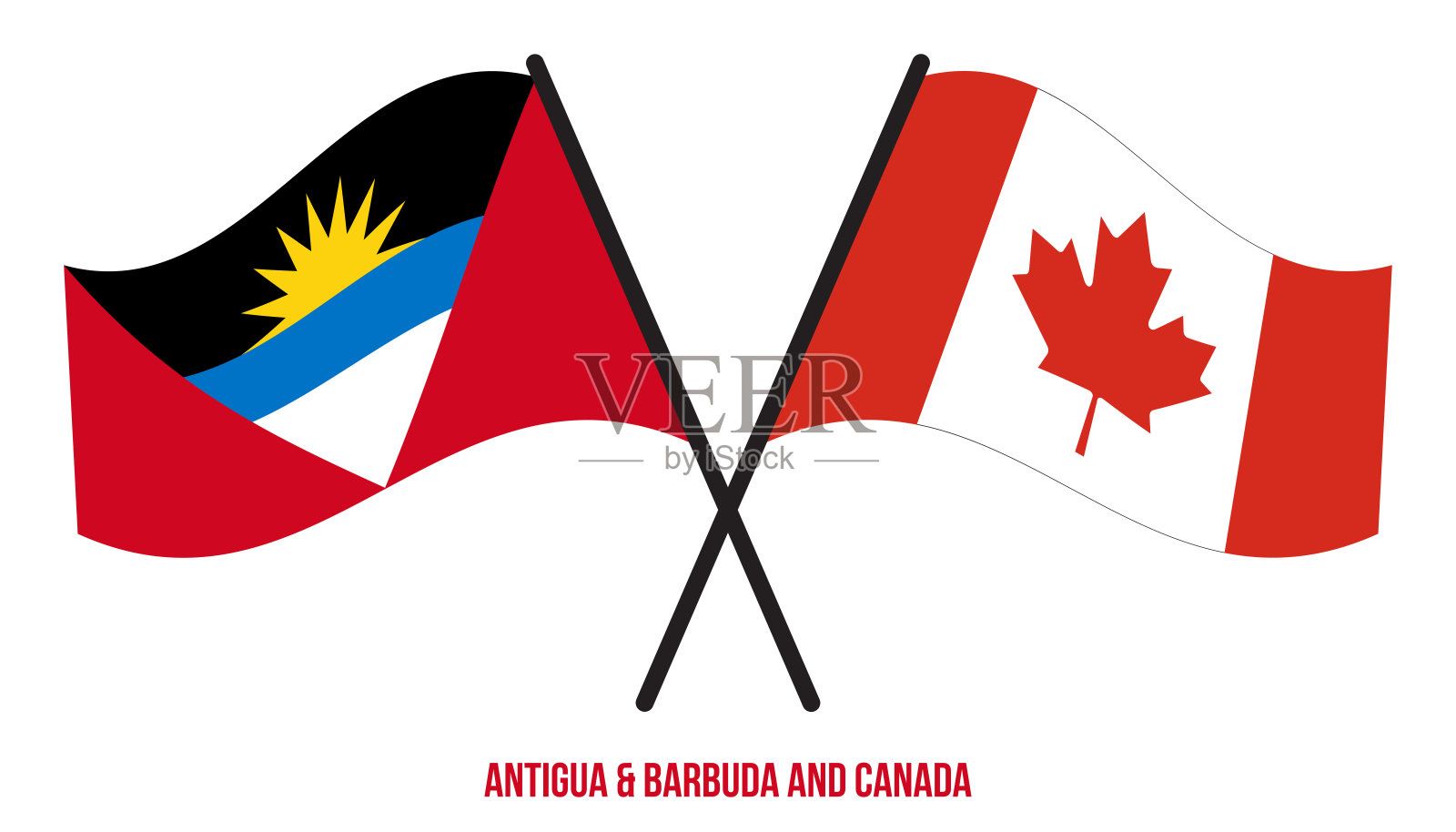 安提瓜和巴布达和加拿大旗帜交叉和挥舞的平面风格。官方的比例。正确的颜色插画图片素材
