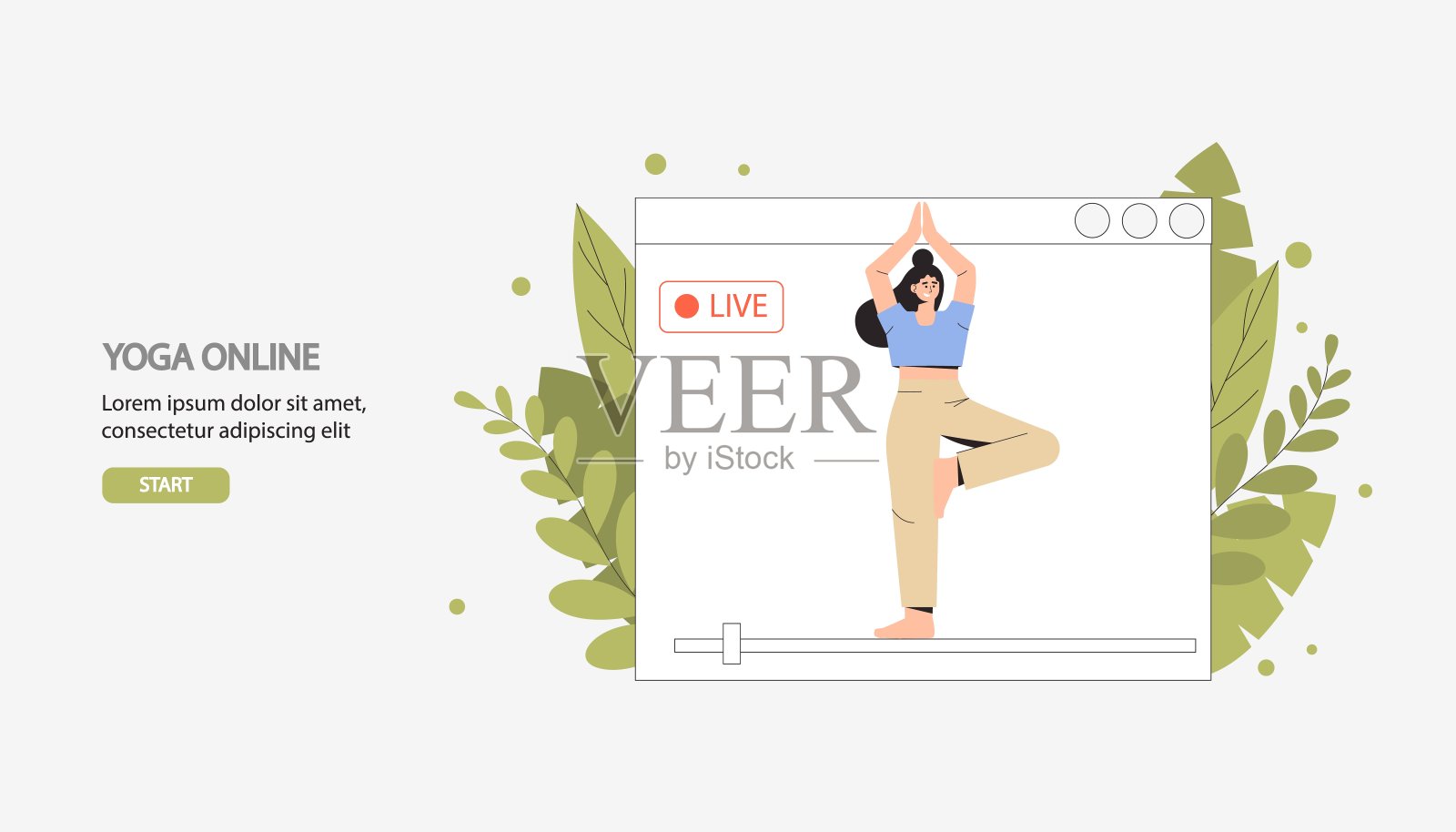 这个概念留在家里。锻炼、运动、健身、在线瑜伽直播。一名年轻的女性瑜伽教练在一个智能手机应用程序中展示锻炼。平面风格的矢量插图。插画图片素材