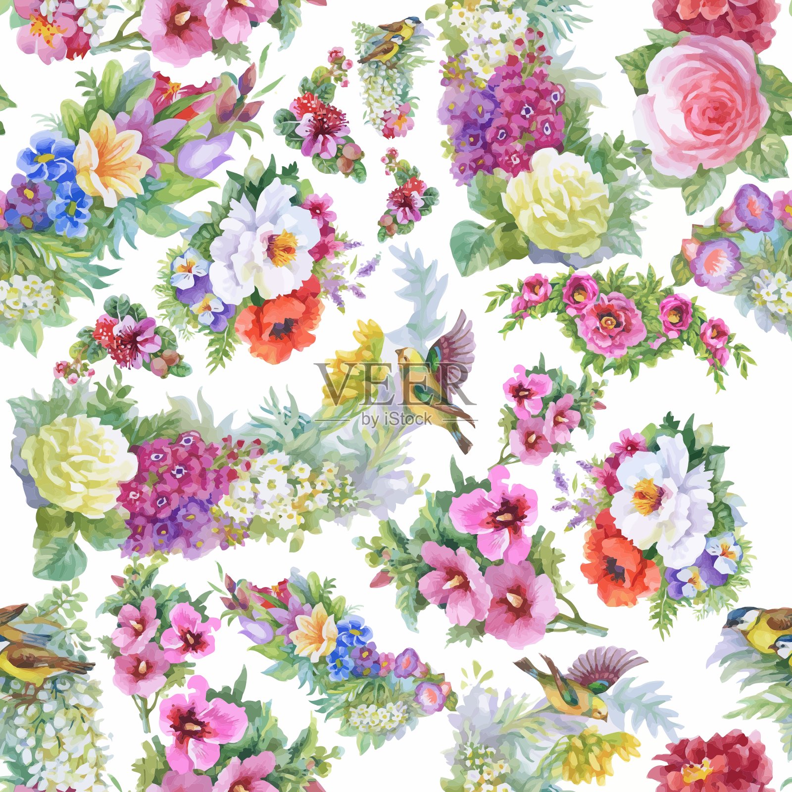 野生珍奇鸟类上花无缝插画图片素材