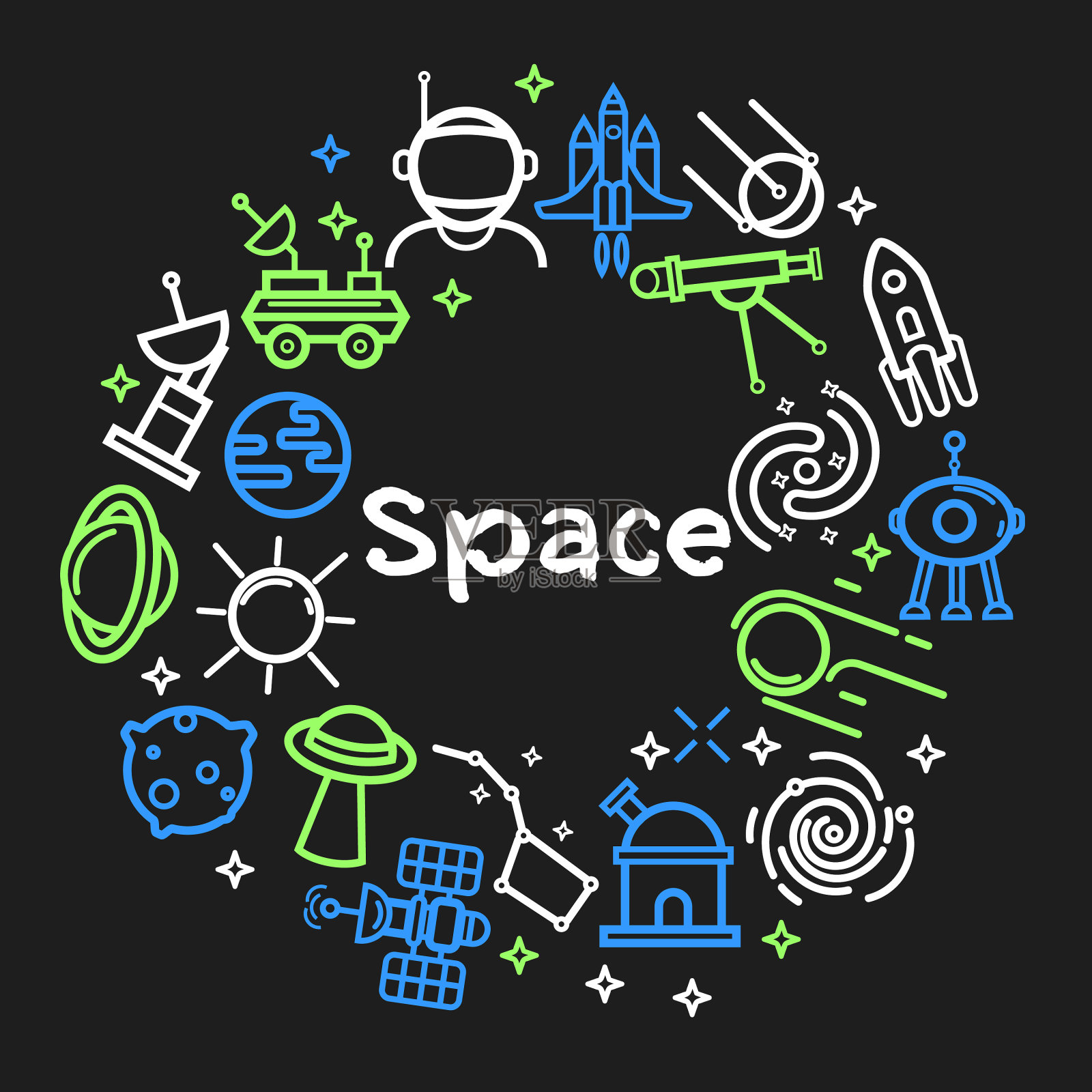 空间主题的轮廓图标在霓虹灯的颜色设置图标素材