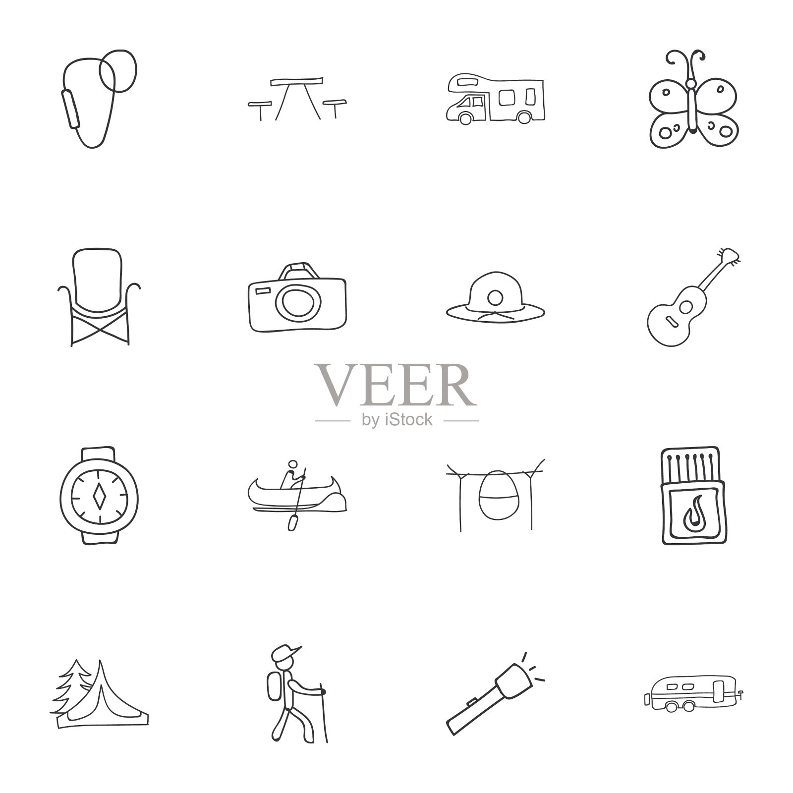 一套16可编辑的露营涂鸦包括插画图片素材