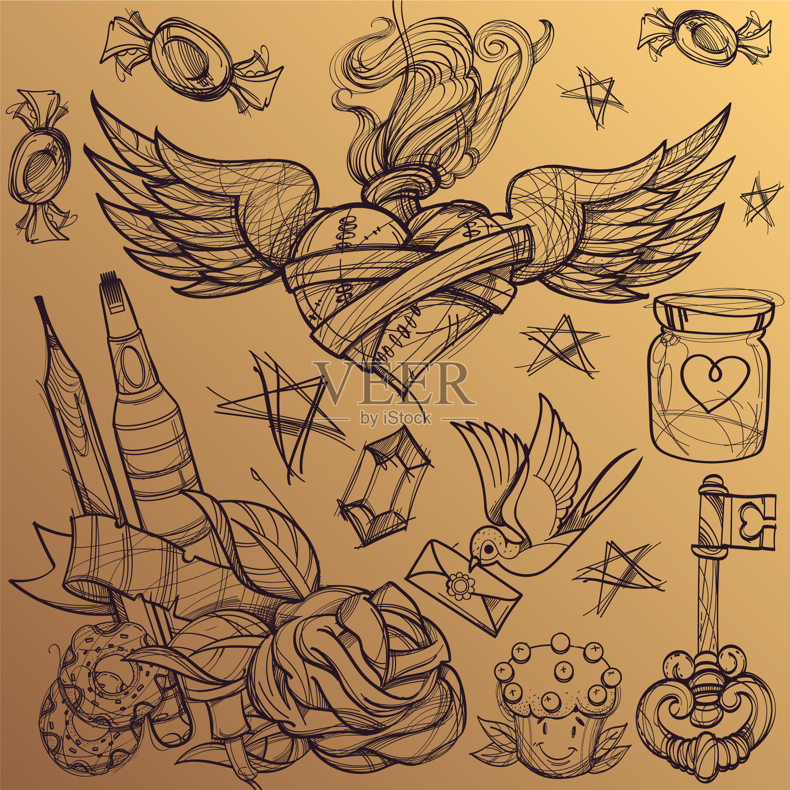 卡通手绘无色详细设计插画图片素材