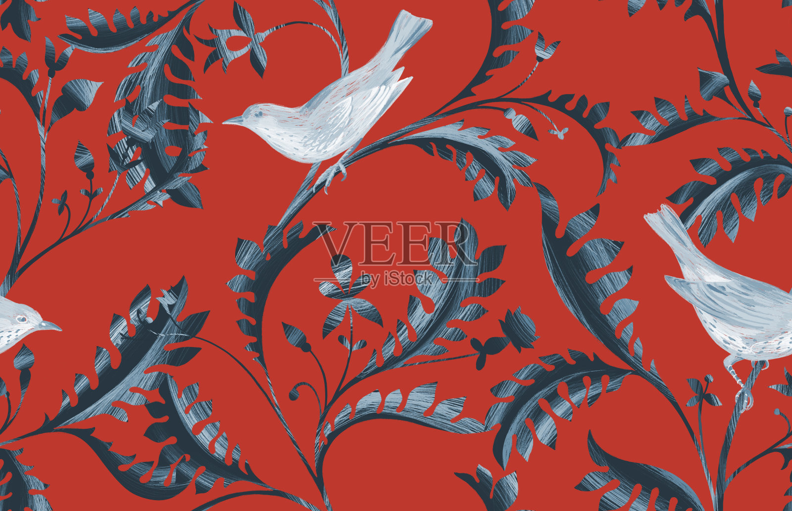 树枝上有鸟的无缝图案。手绘彩色铅笔逼真的动植物背景插画图片素材