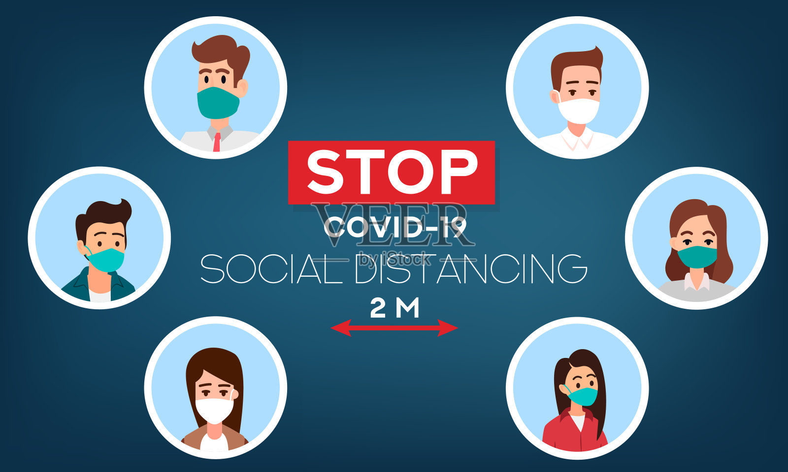 社会距离。停止coronavirus.COVID-19。网站的横幅和标题。人们戴着面具。戴医用防护口罩的人。网页横幅。社会媒体资源。隔离。插画图片素材