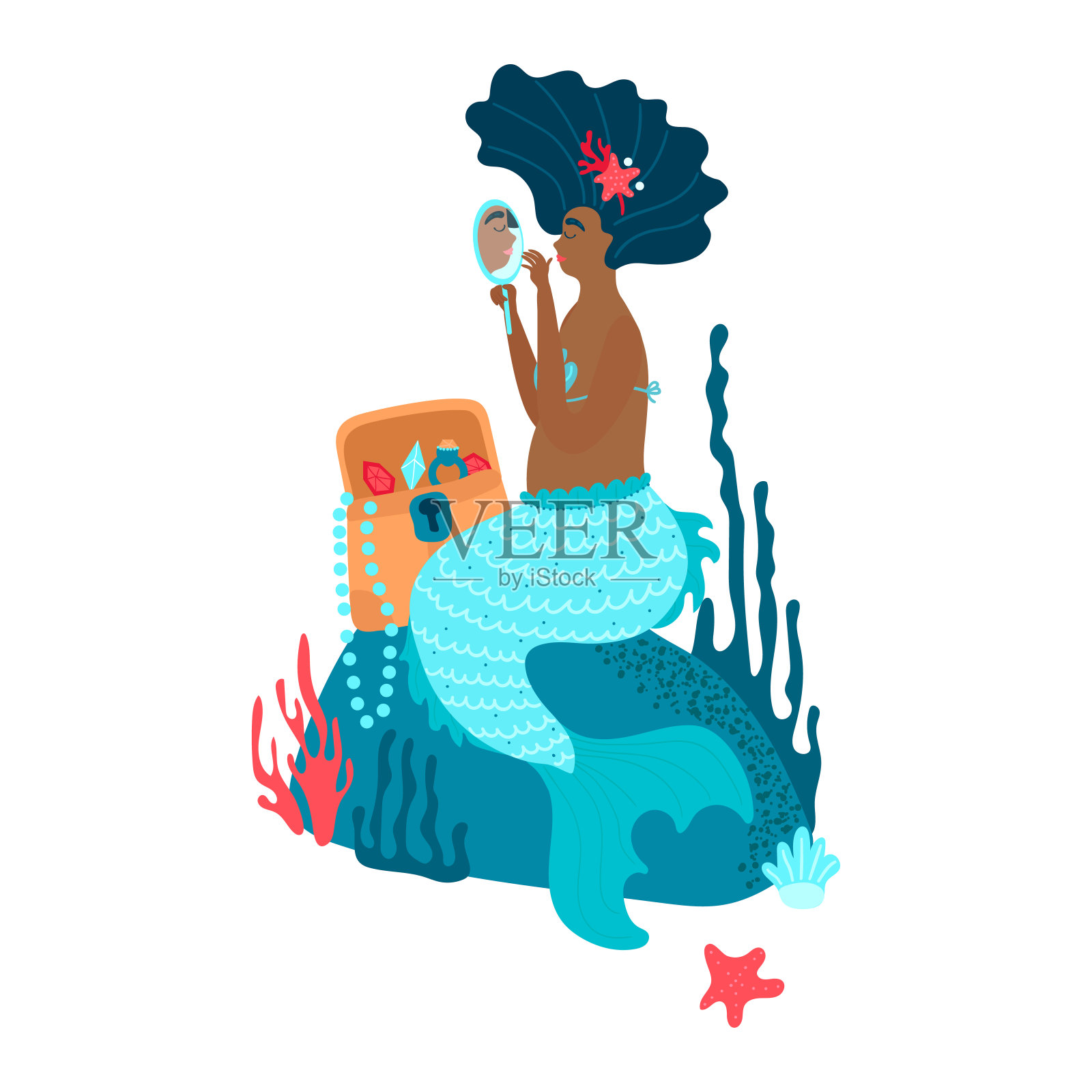 卡通人物幻想美人鱼坐在石头上,看着镜子里彩色的,孤立的白色矢量,插图。插画图片素材