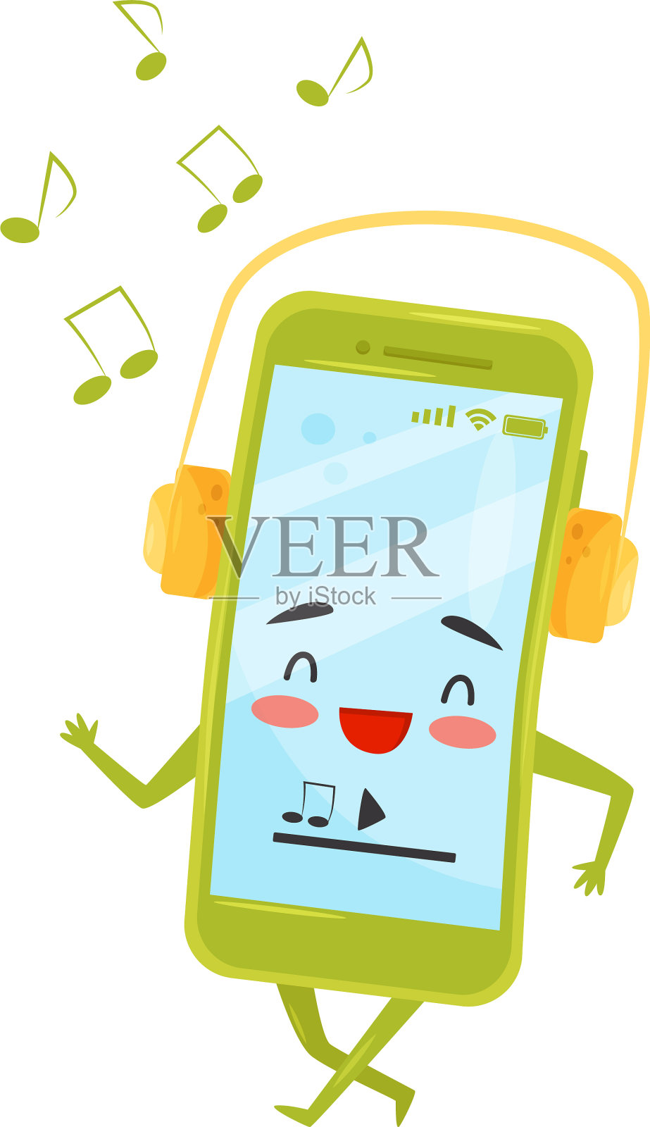 有趣的人性化智能手机行走和聆听插画图片素材