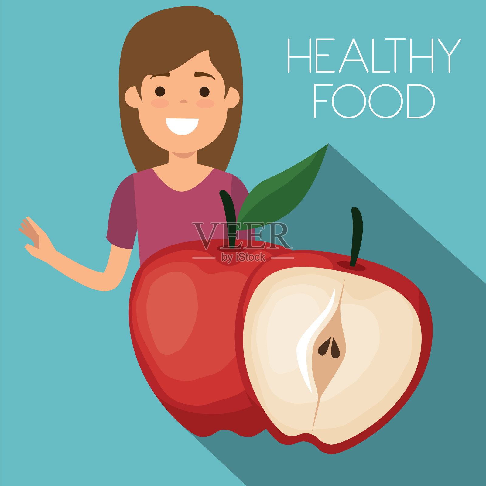 吃苹果健康食品的年轻女人插画图片素材