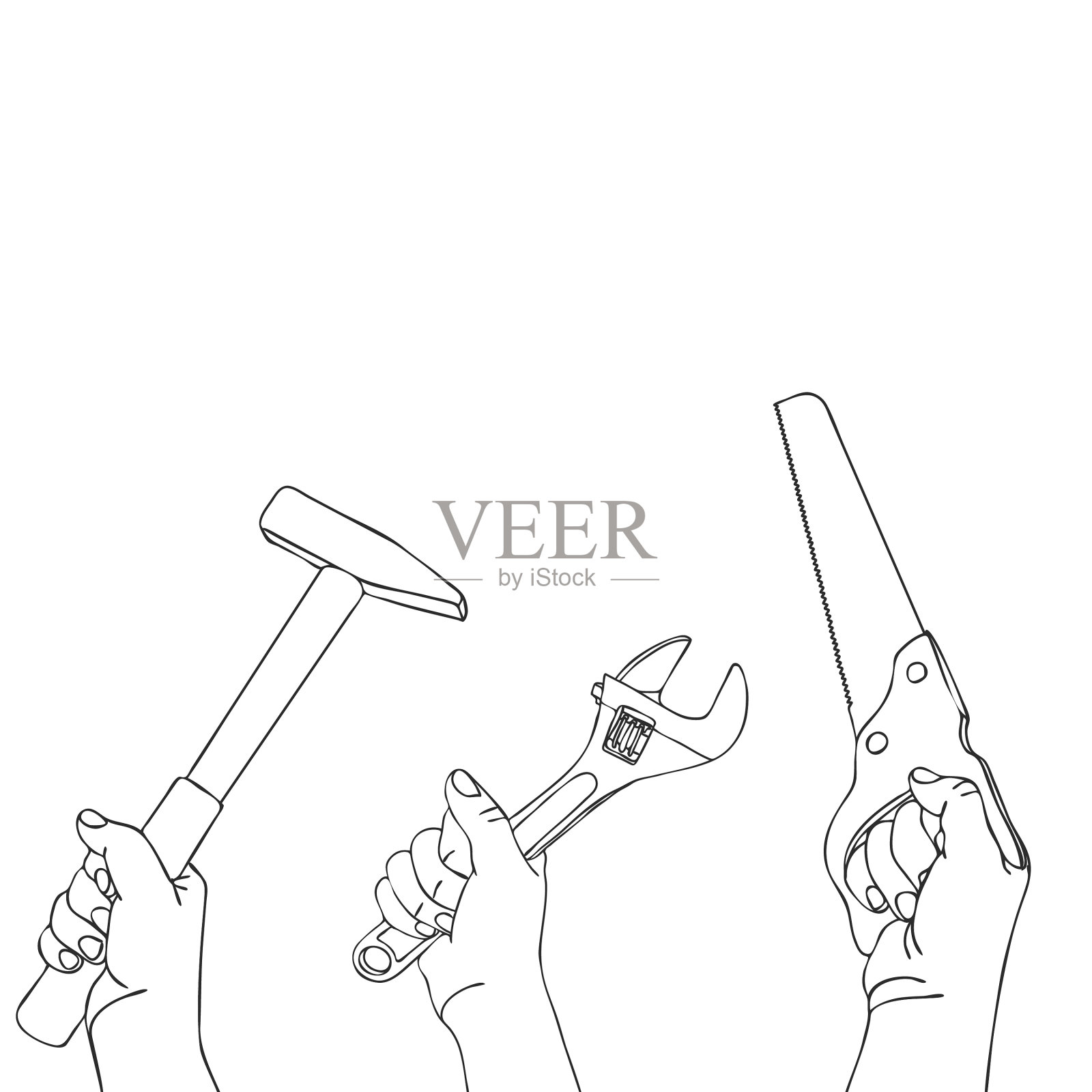 手持扳手、锯子和锤子设计元素图片