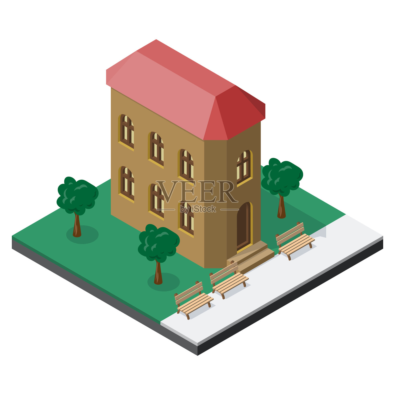 两层楼,里面有长凳和树设计元素图片